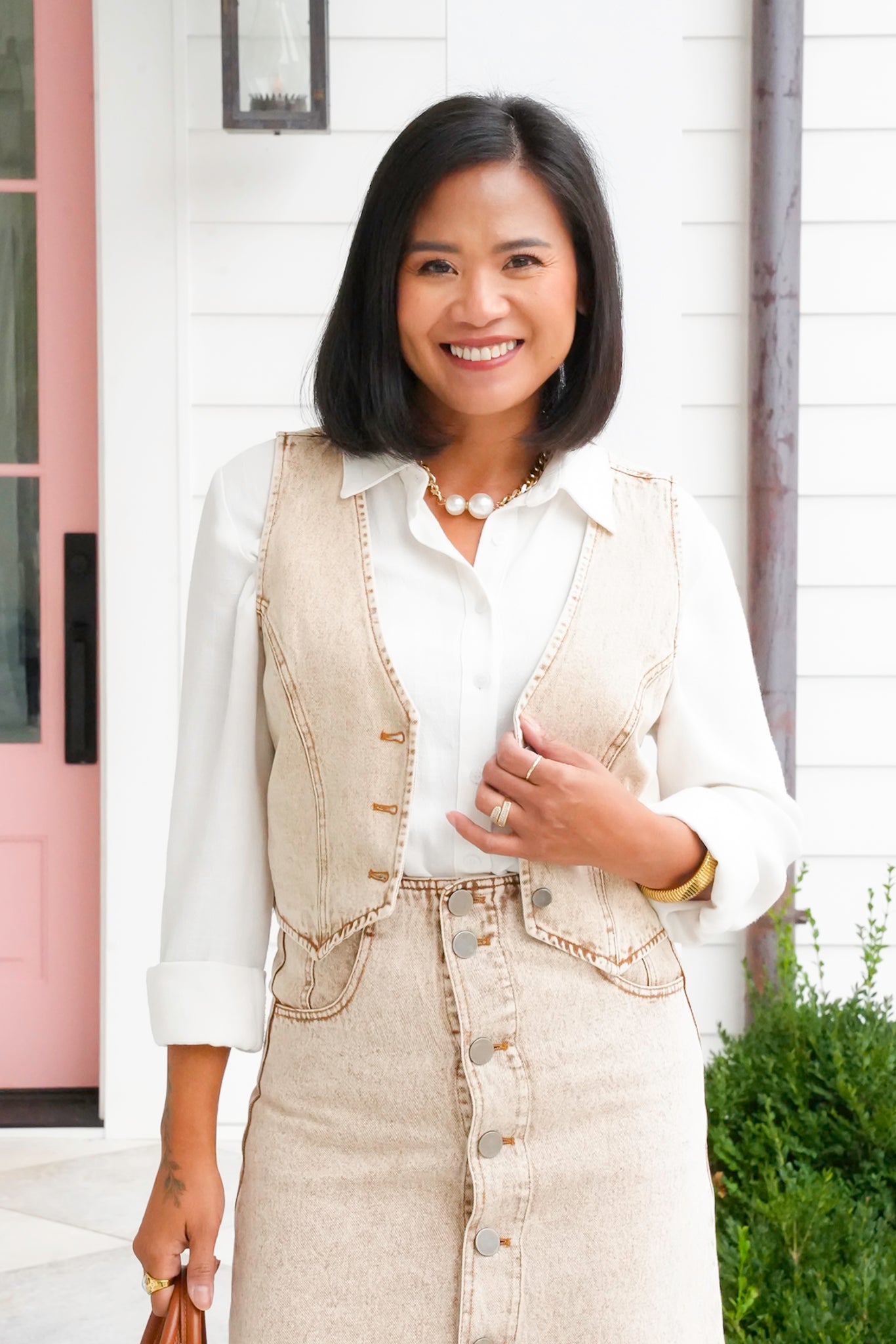 Acid Washed Button Down Vest and Midi Skirt Set