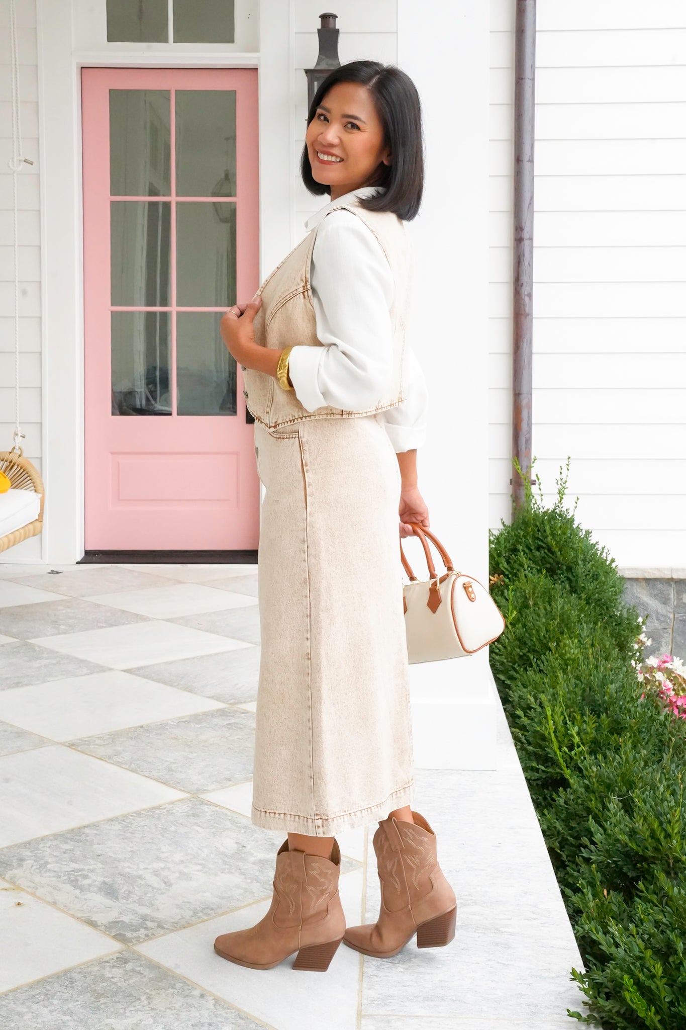 Acid Washed Button Down Vest and Midi Skirt Set