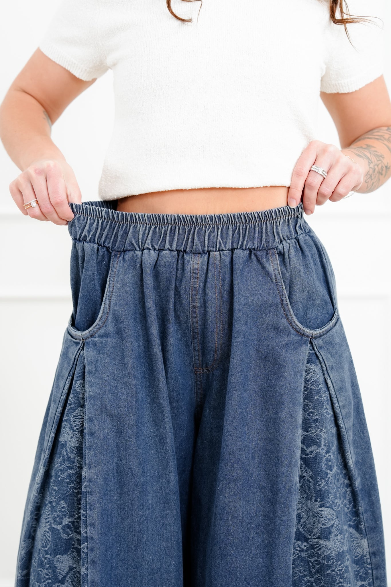 Denim Floral Print Elastic Waist Wide Leg Pants