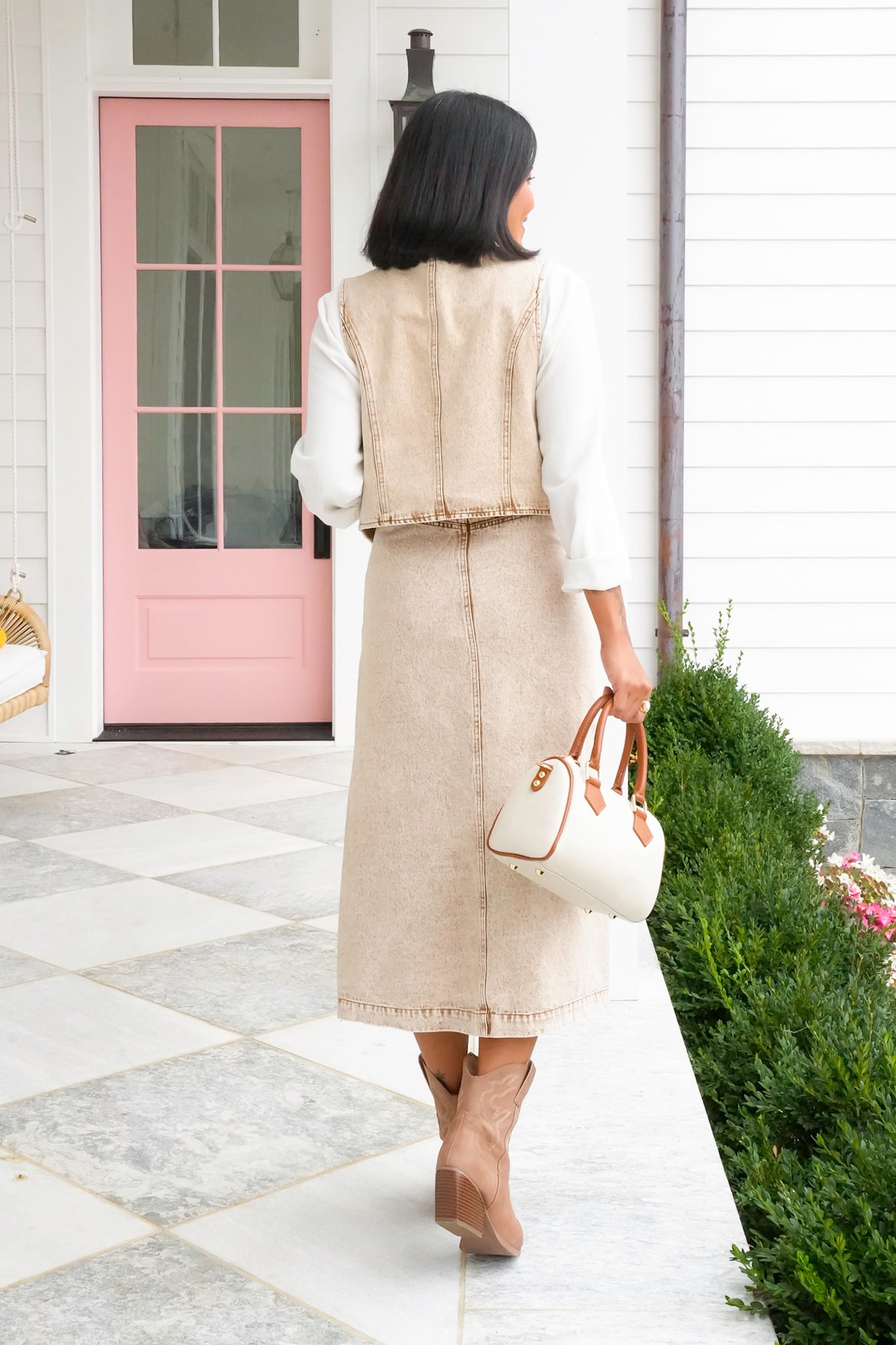 Acid Washed Button Down Vest and Midi Skirt Set