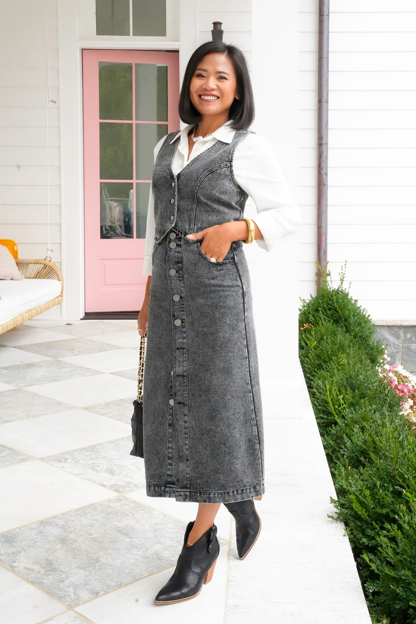 Acid Washed Button Down Vest and Midi Skirt Set