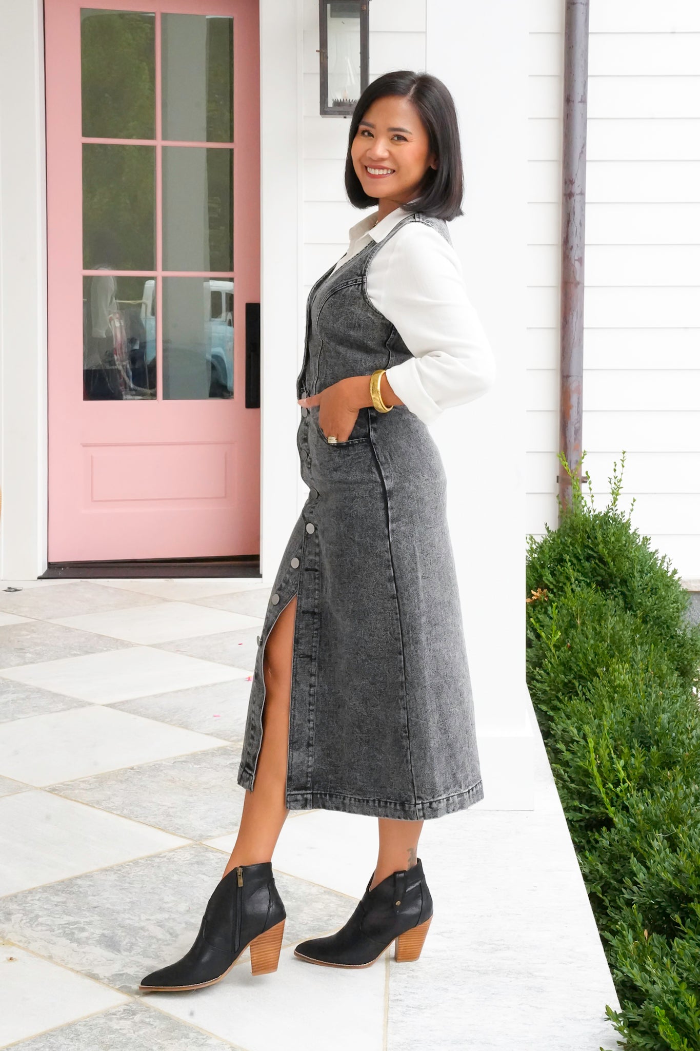 Acid Washed Button Down Vest and Midi Skirt Set