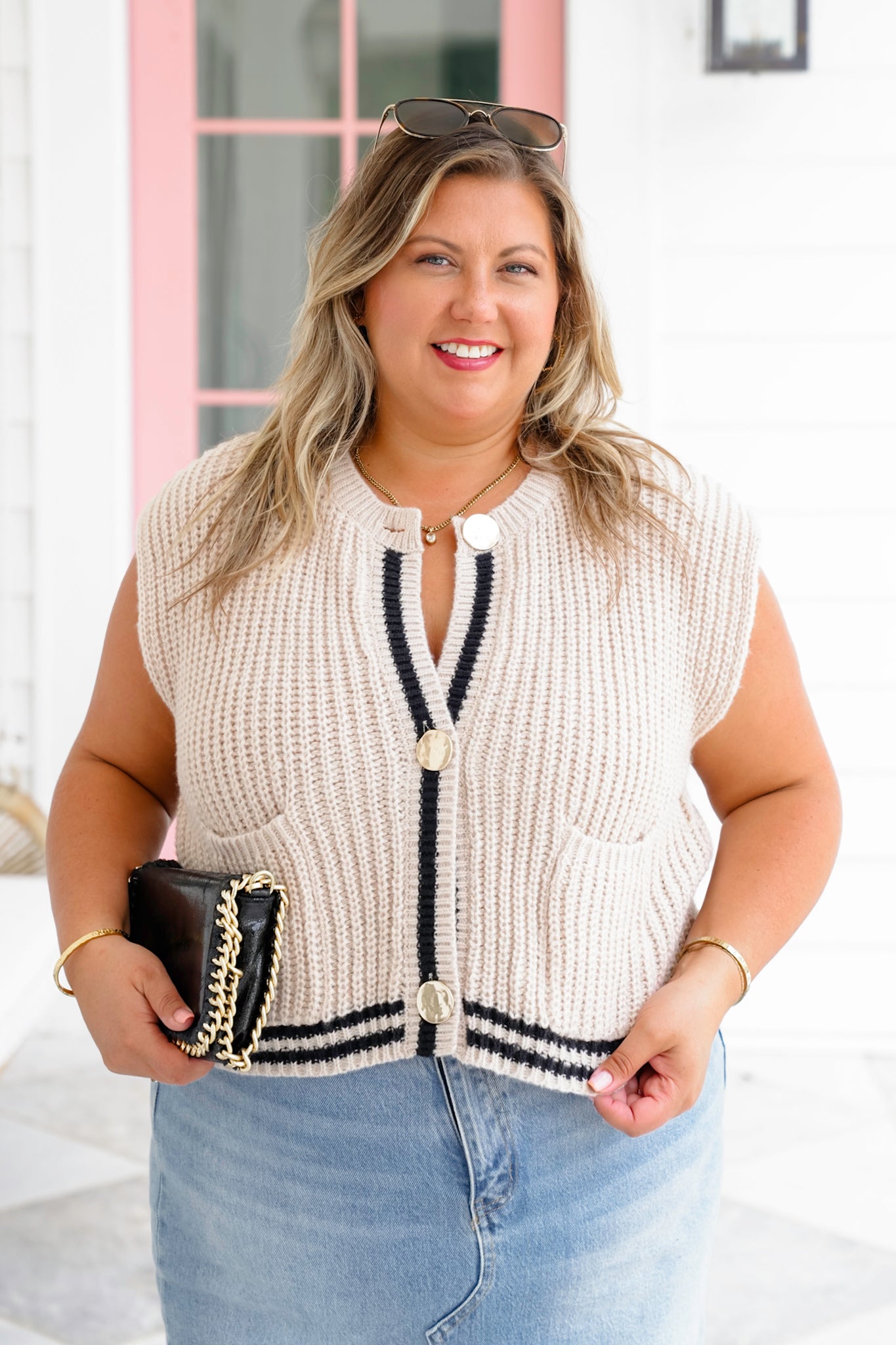 Sleeveless Button Down Sweater Vest with Stripe Detail
