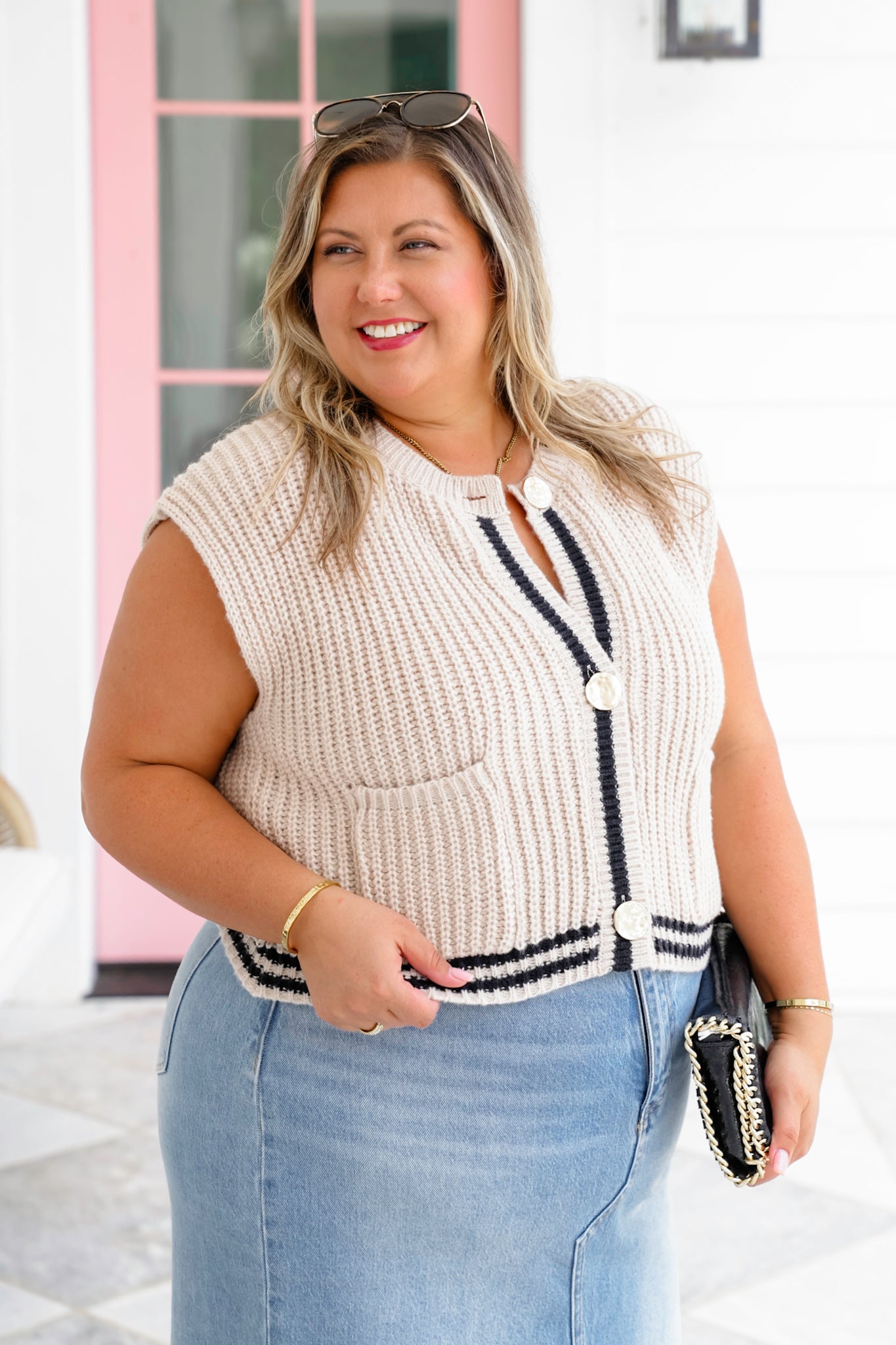 Sleeveless Button Down Sweater Vest with Stripe Detail