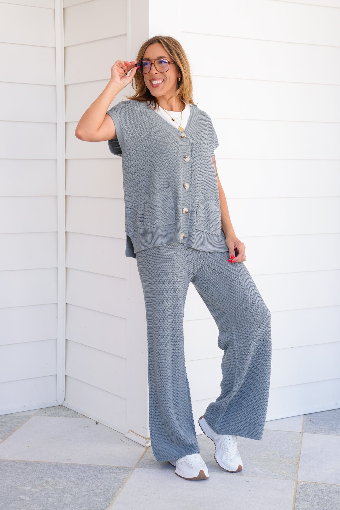 Waffle Knit Button Down Vest and Pants Set