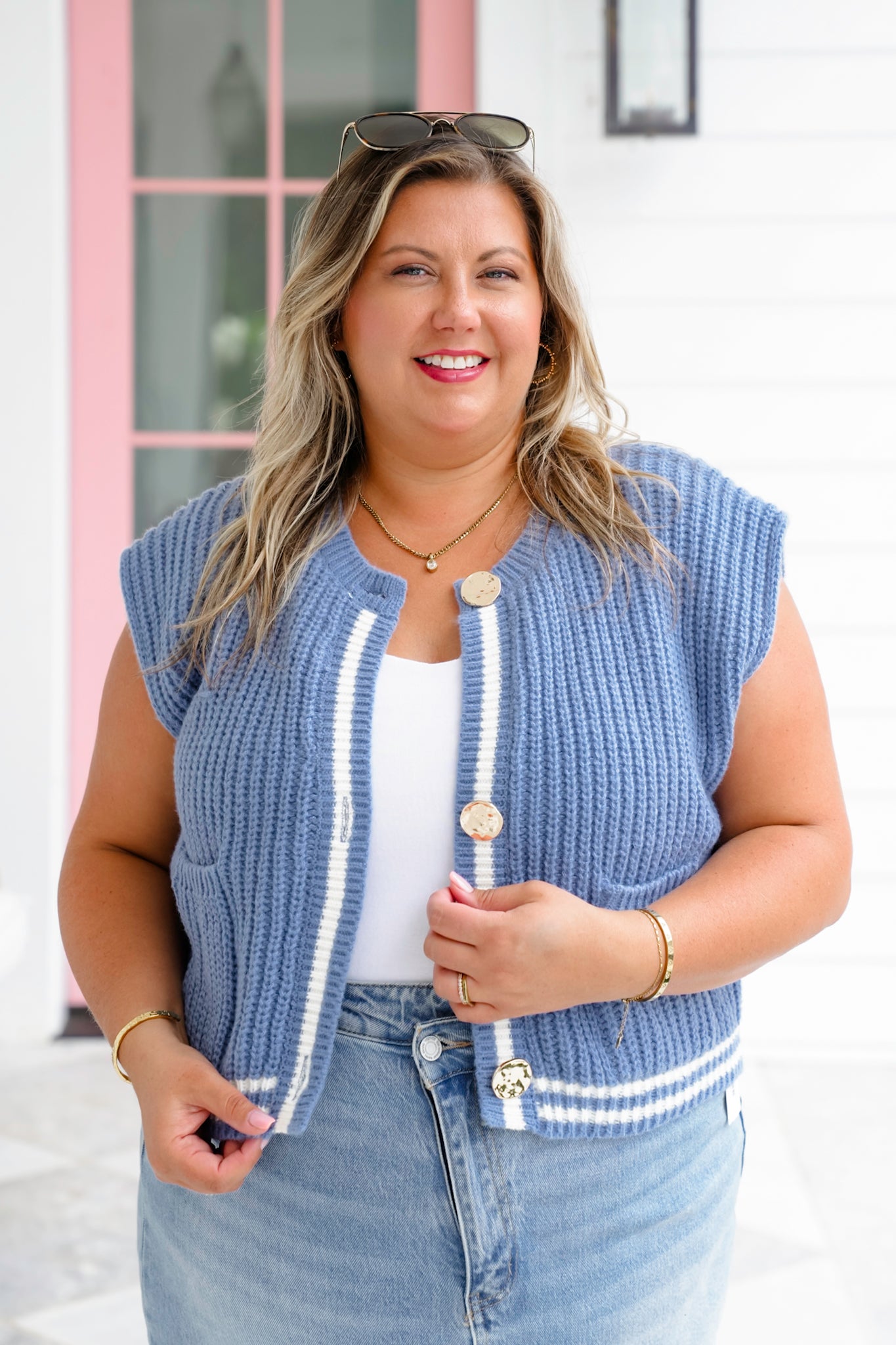 Sleeveless Button Down Sweater Vest with Stripe Detail