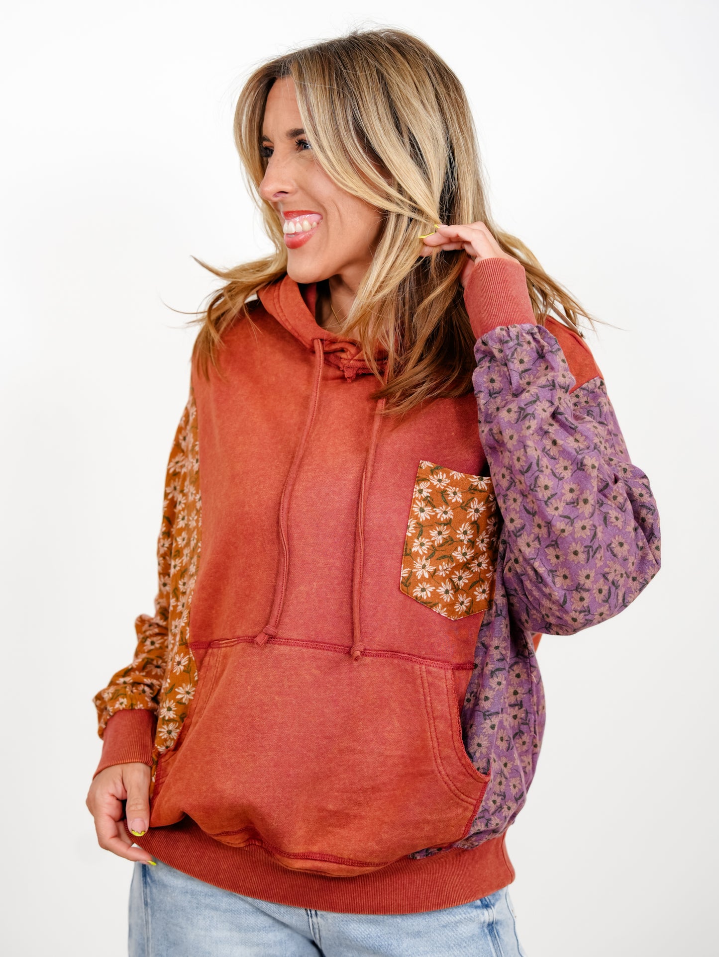 Floral Color Block Long Sleeve Pullover Hoodie