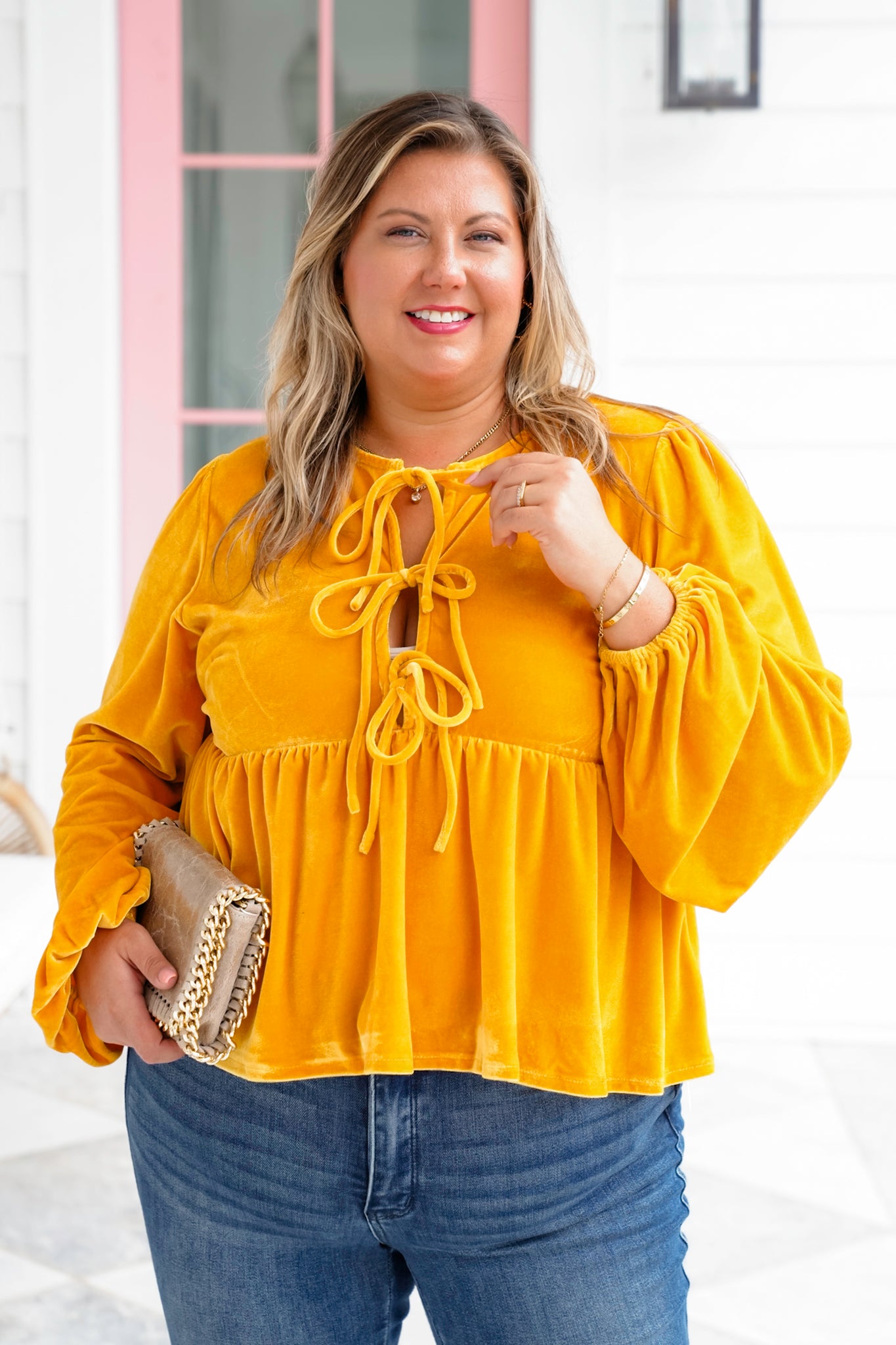 Velvet Long Balloon Sleeve Top with Front Tie Detail