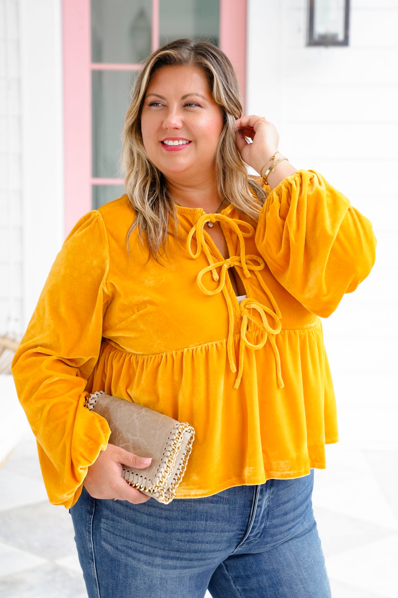 Velvet Long Balloon Sleeve Top with Front Tie Detail