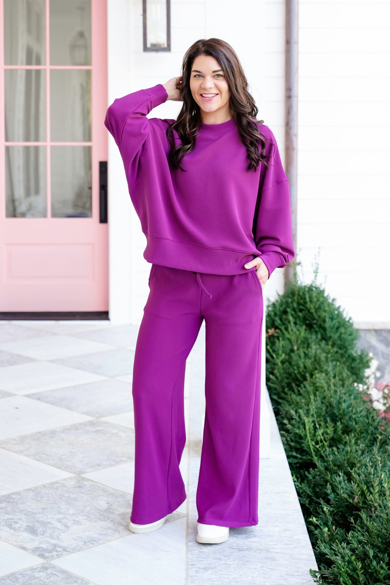 Door Buster! Zenana Ribbed Round Neck Pullover & Pants Set