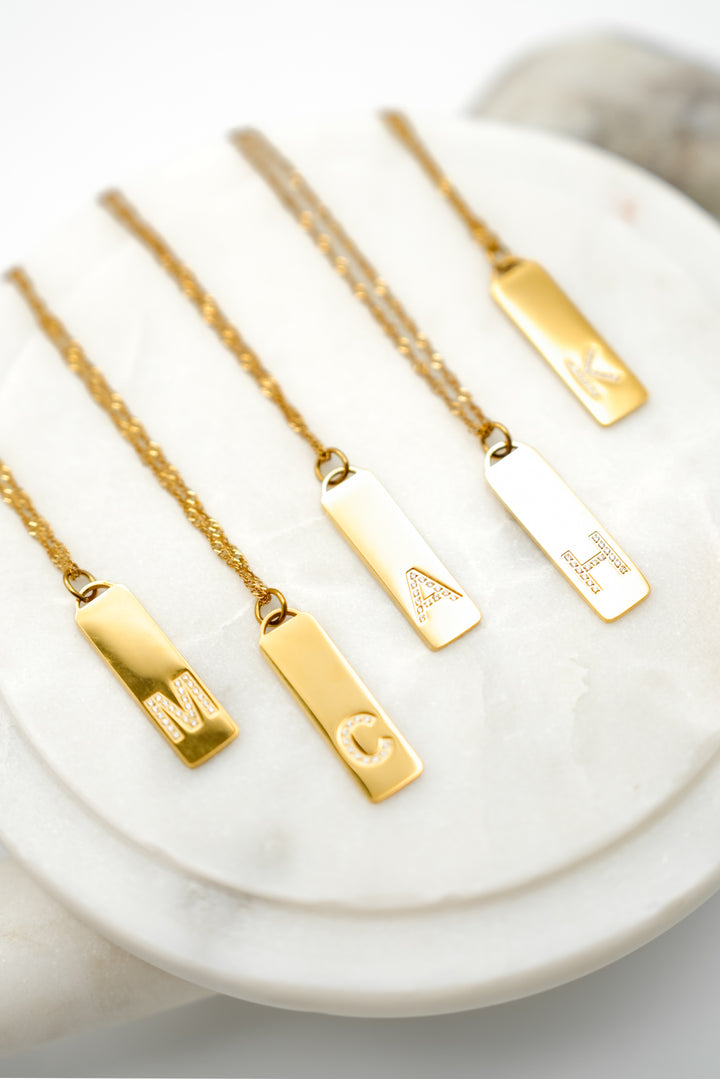 Waterproof Gold Initial Bar Pendant Necklace
