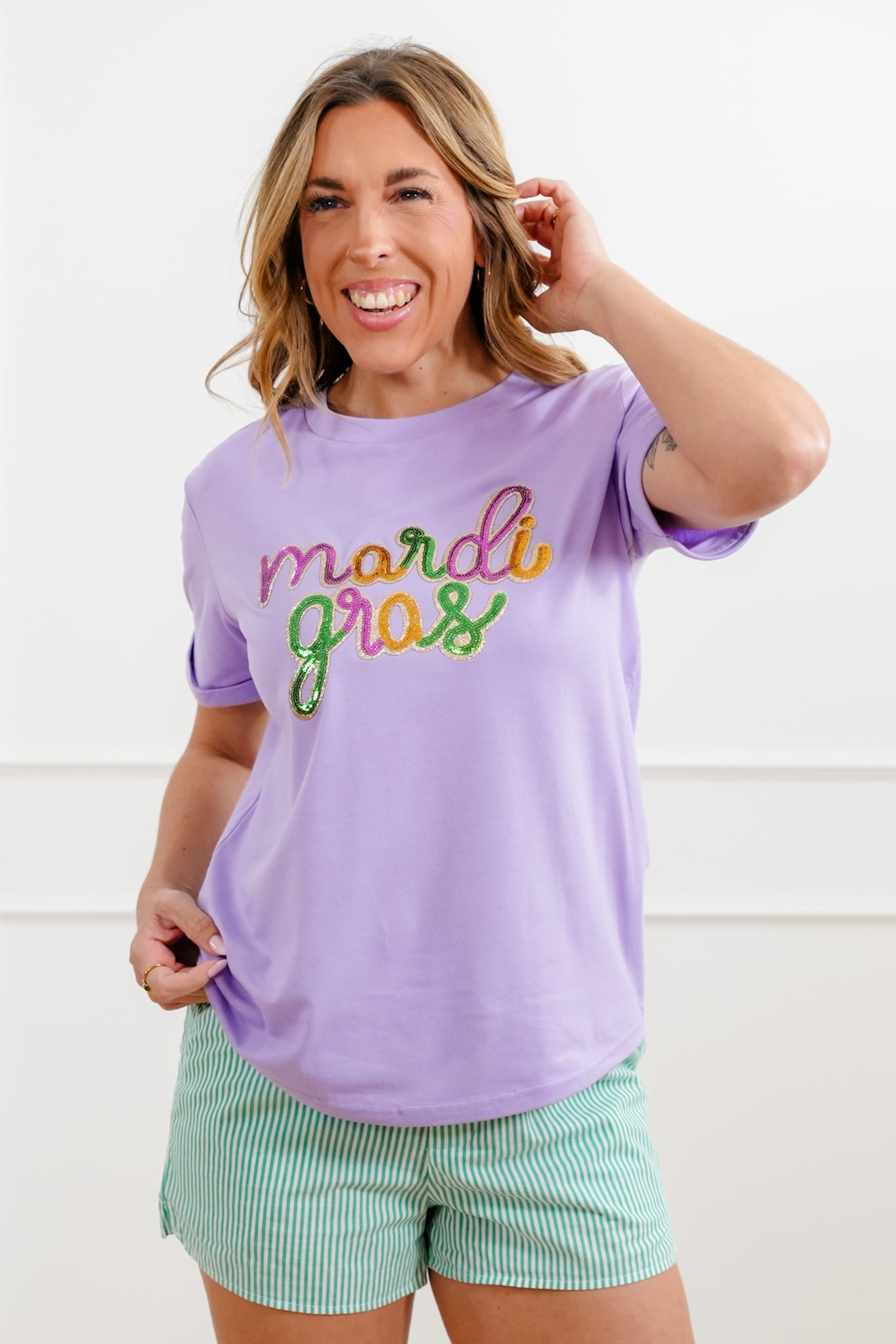 Plus/Reg Sequin Mardi Gras Short Sleeve Tee Shirt