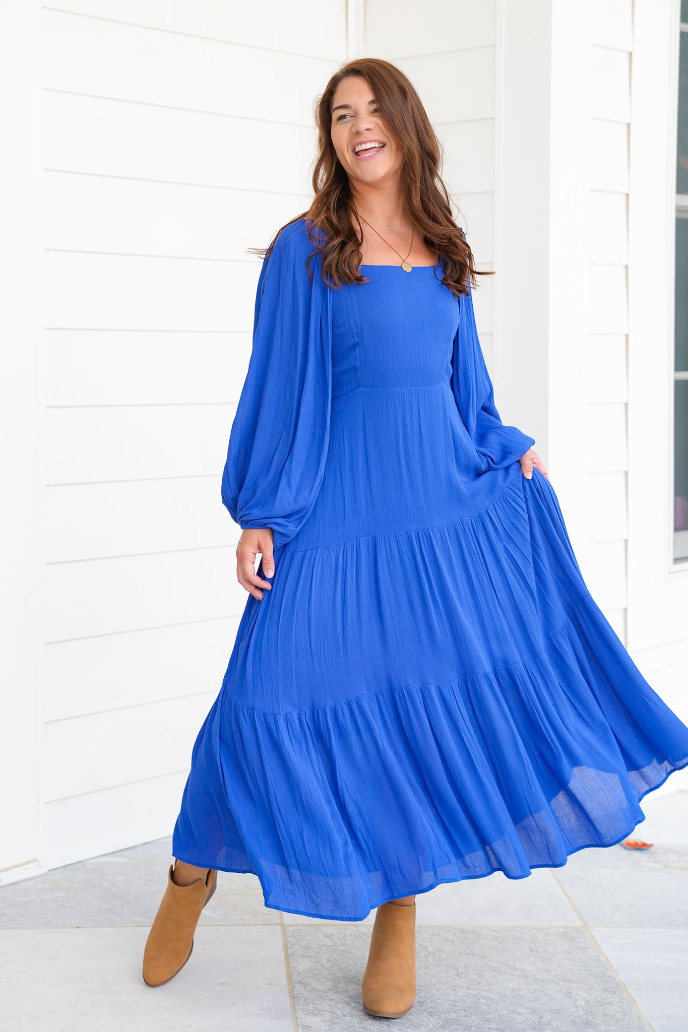 Long Sleeve Square Neck Tiered Maxi Dress