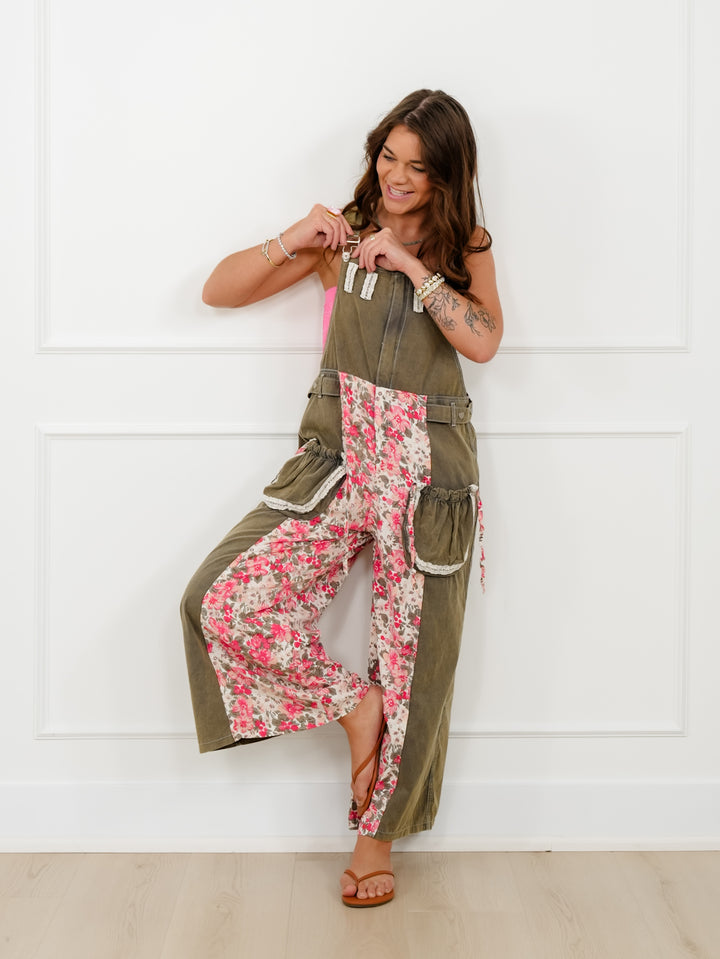 POL Straight Fit Twill Overalls with Floral Patch