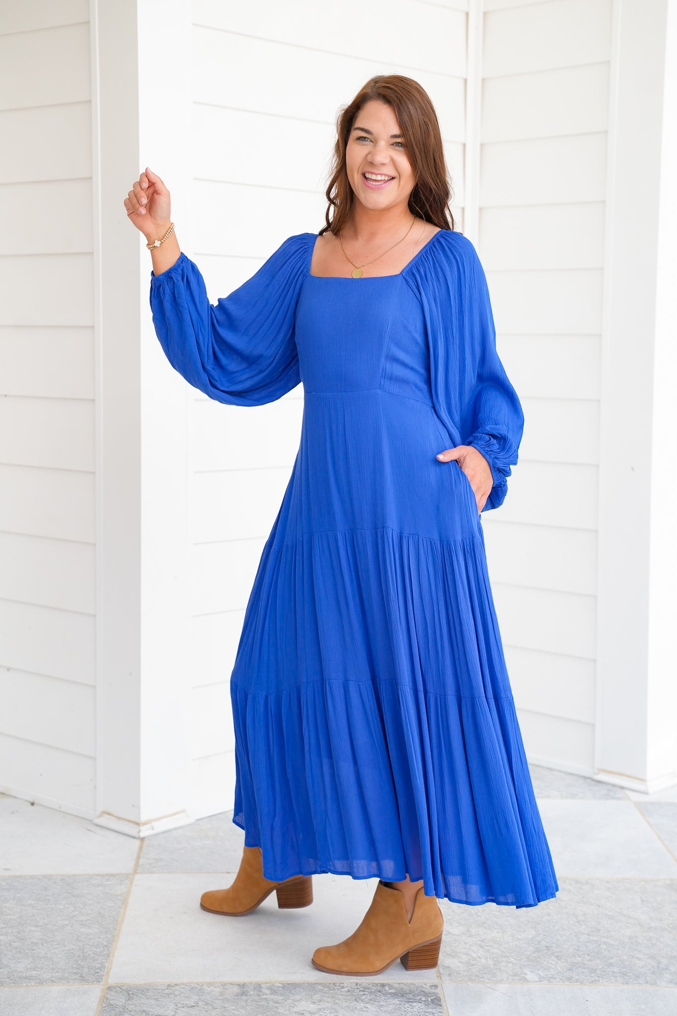 Long Sleeve Square Neck Tiered Maxi Dress