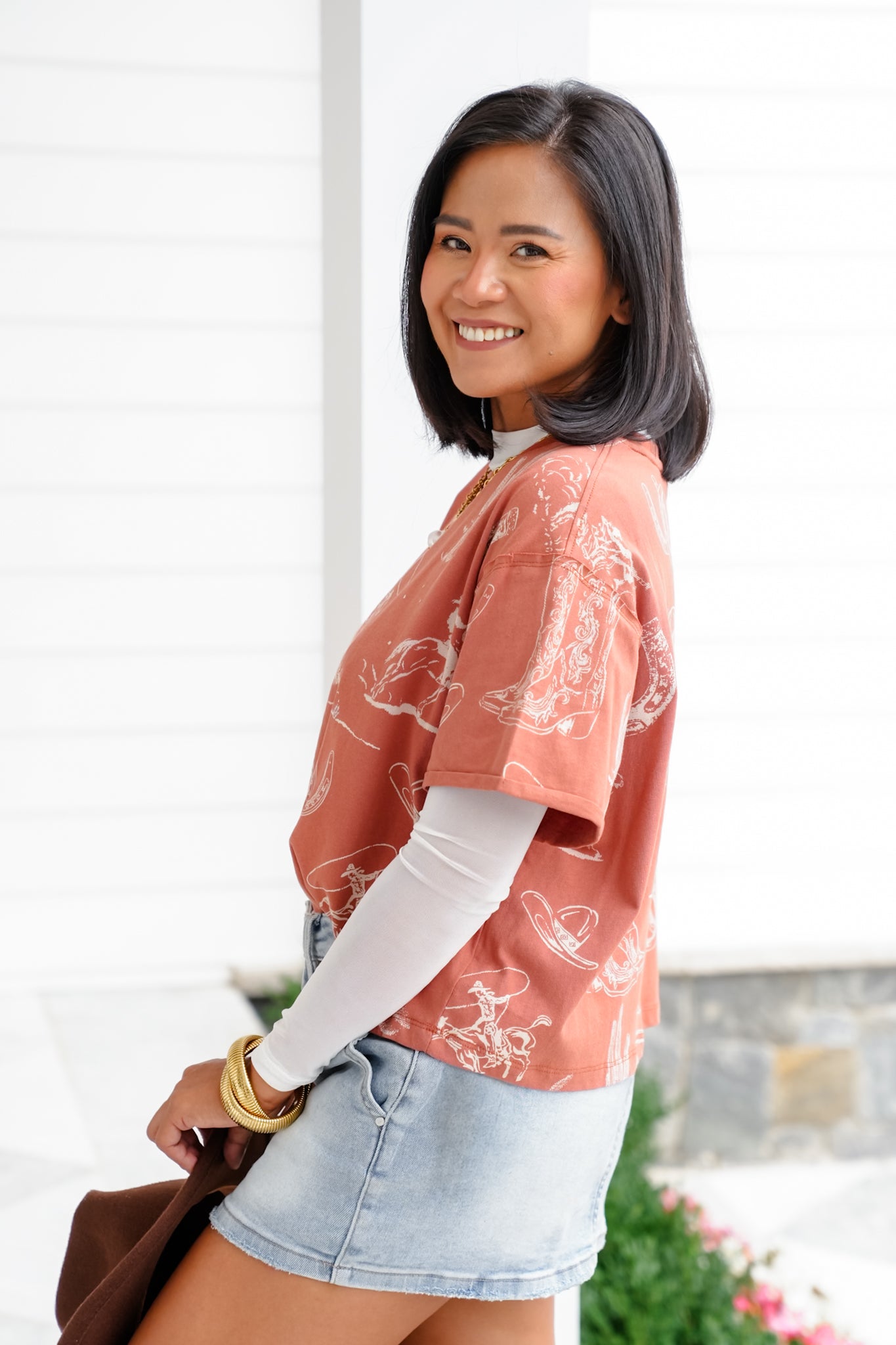 Western Print Short Sleeve Round Neck Tee Shirt