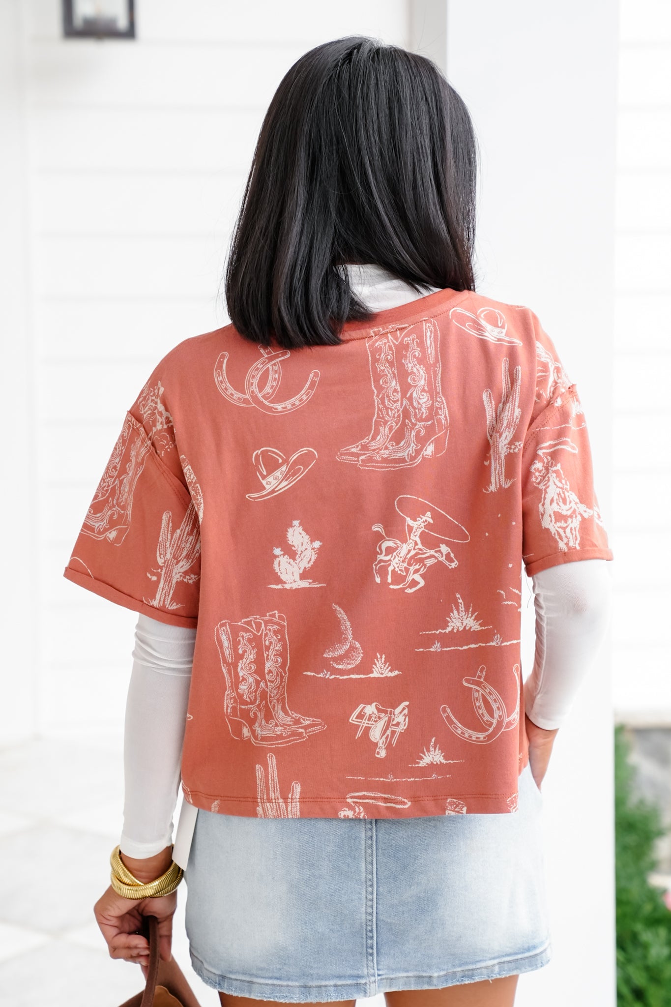 Western Print Short Sleeve Round Neck Tee Shirt