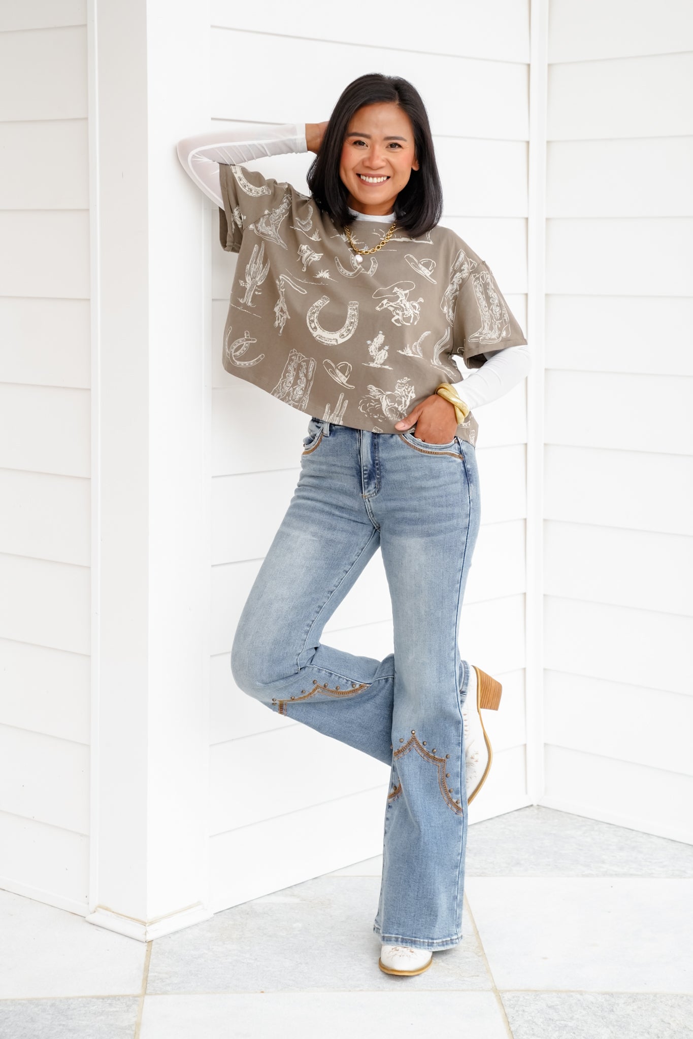 Western Print Short Sleeve Round Neck Tee Shirt
