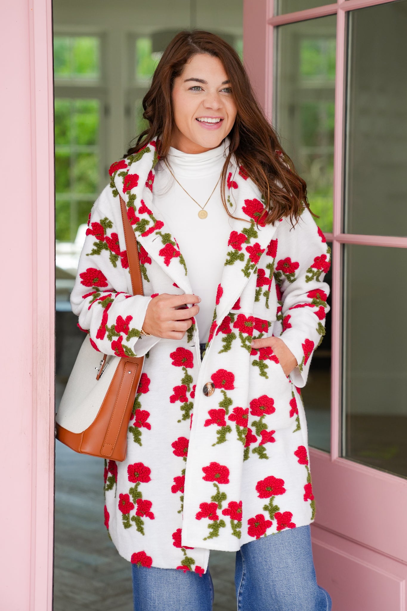 Plus/Reg Floral Embroidered Long Sleeve Hooded Coat