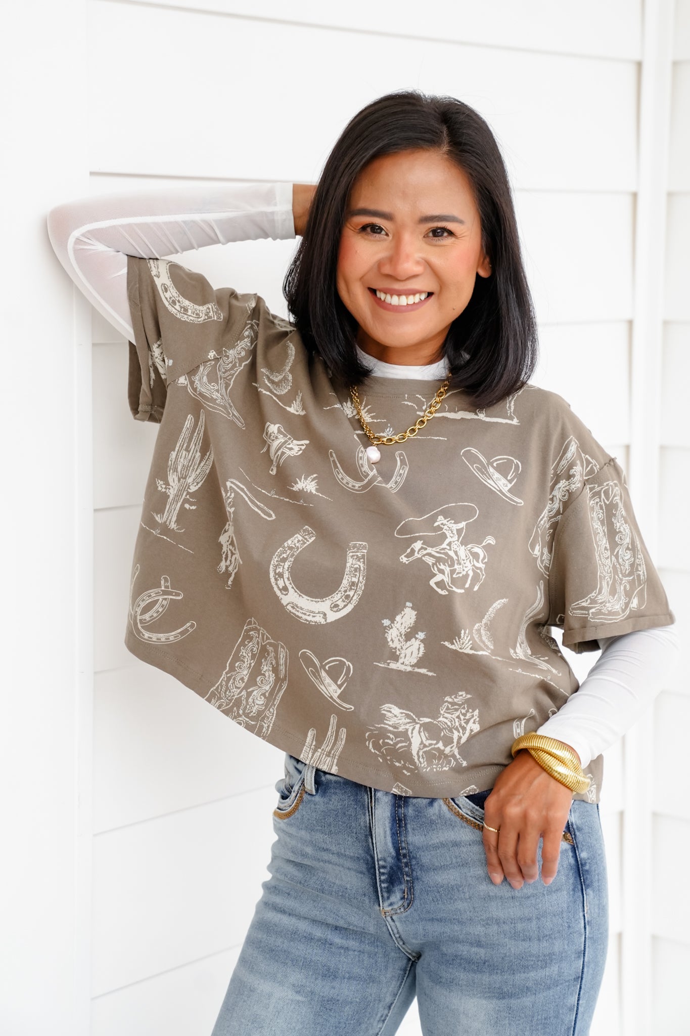 Western Print Short Sleeve Round Neck Tee Shirt