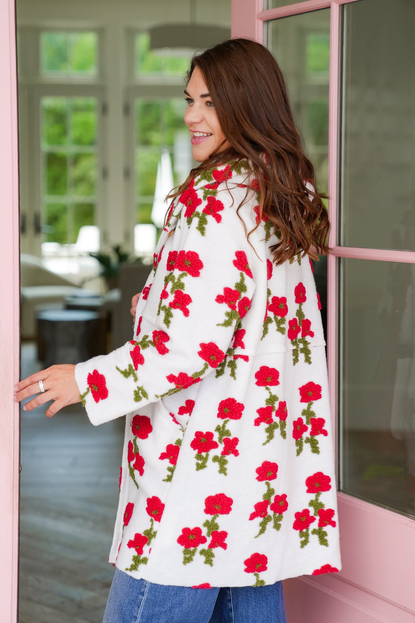 Plus/Reg Floral Embroidered Long Sleeve Hooded Coat