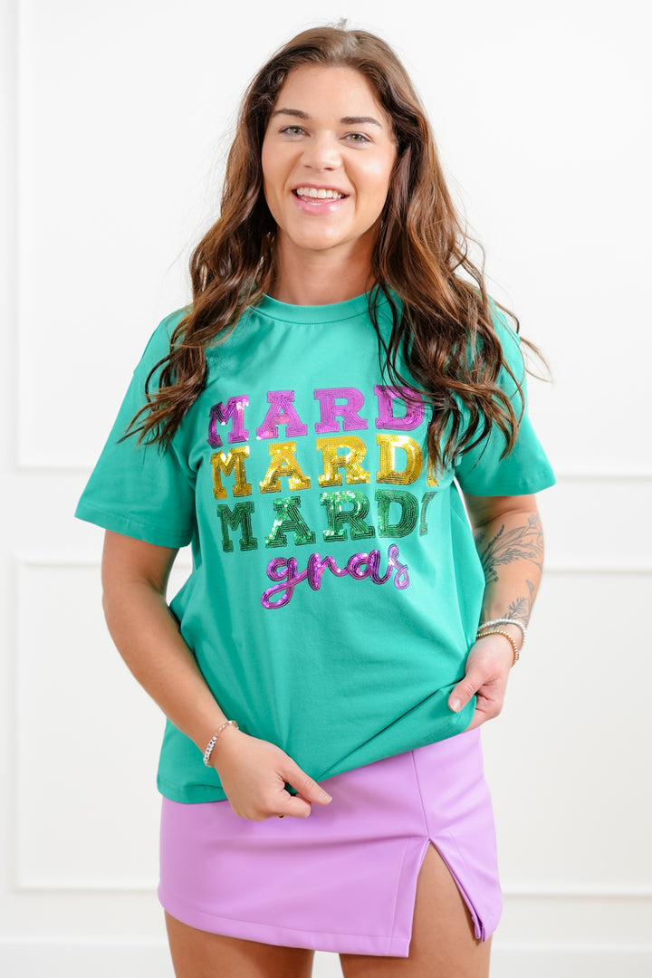 Short Sleeve Sequin "Mardi Mardi Mardi Gras" Tee