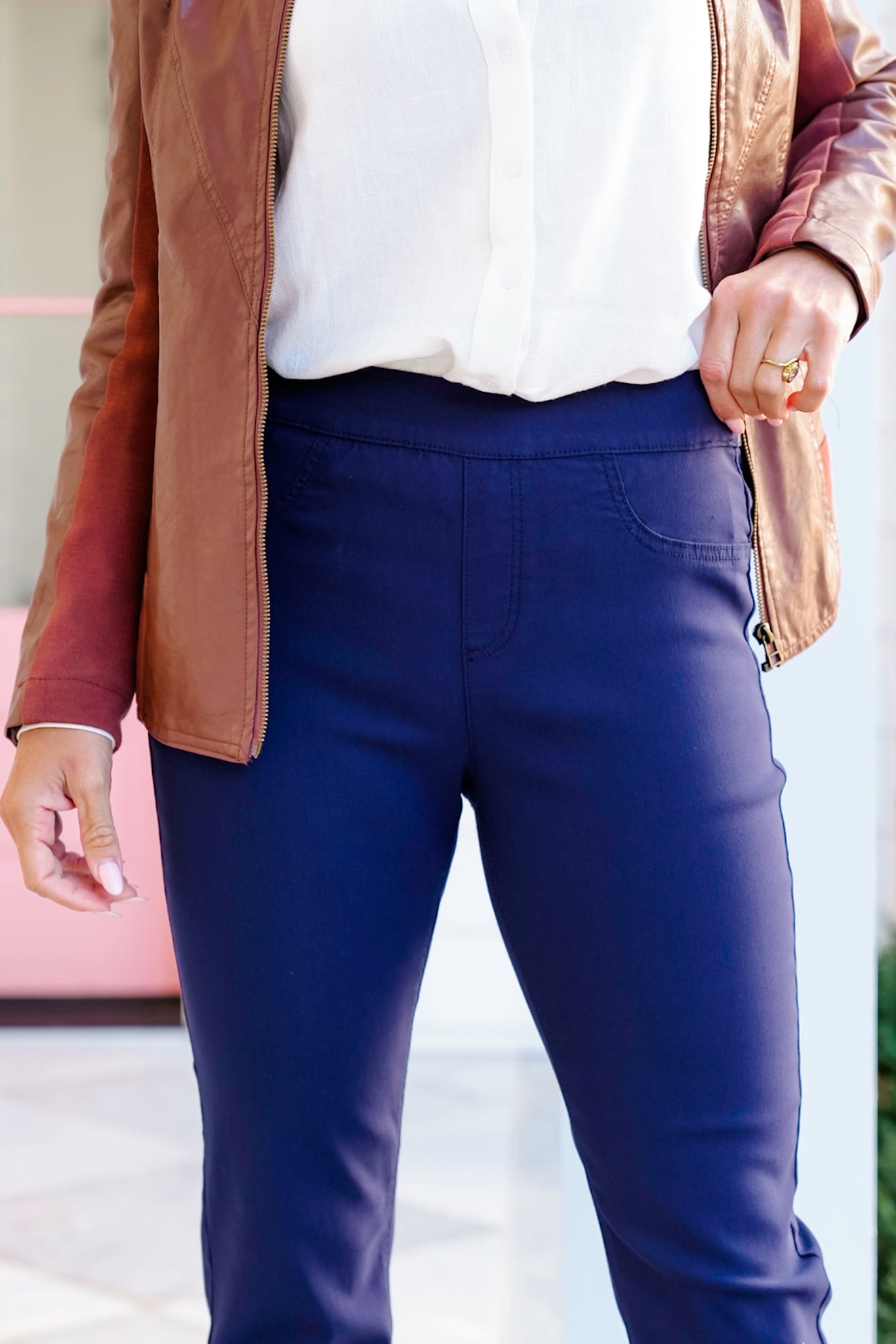 Solid Elastic Waist Twill Pull On Pants