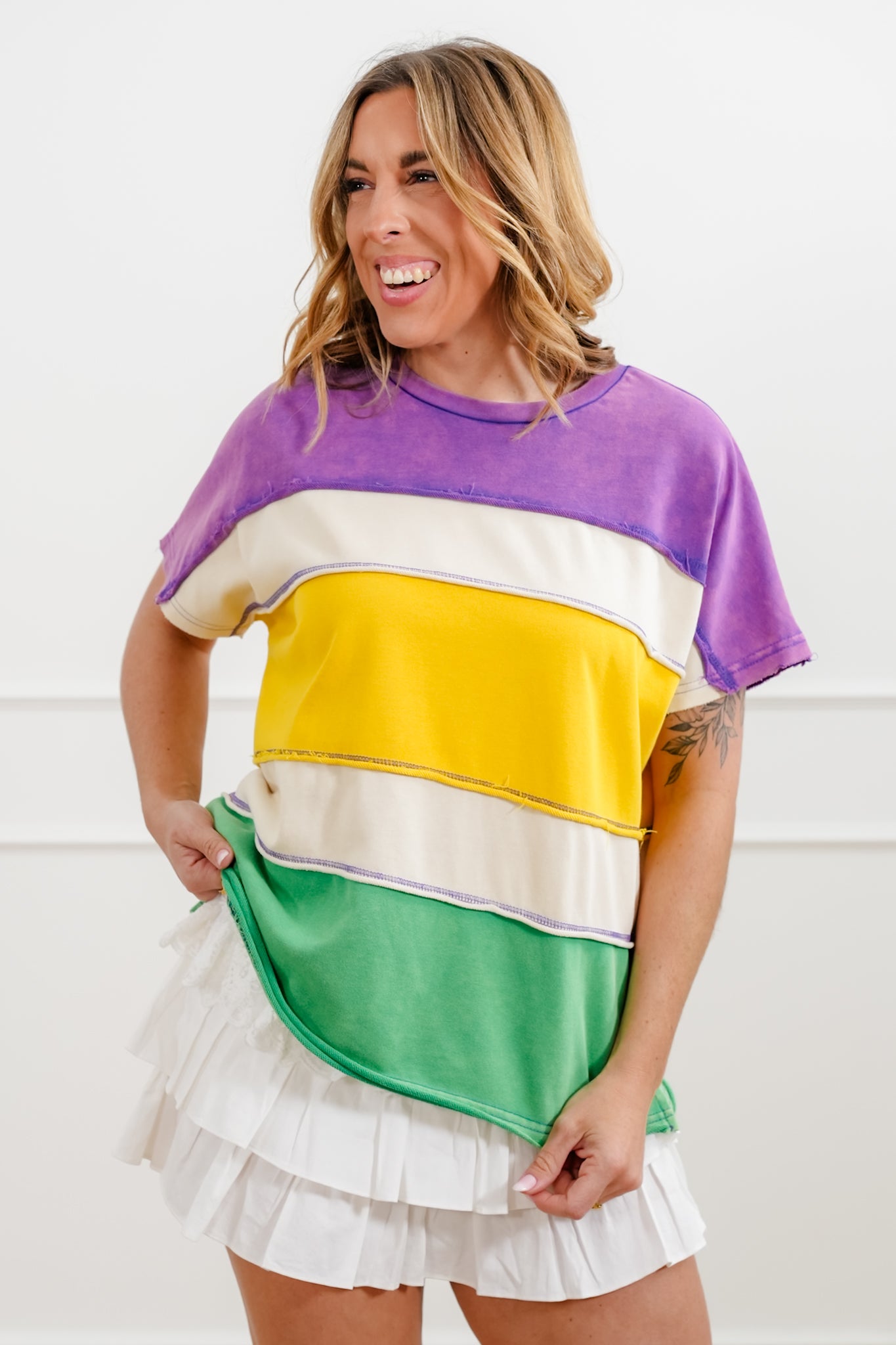 Mardi Gras Mineral Wash Color Block Short Sleeve Top