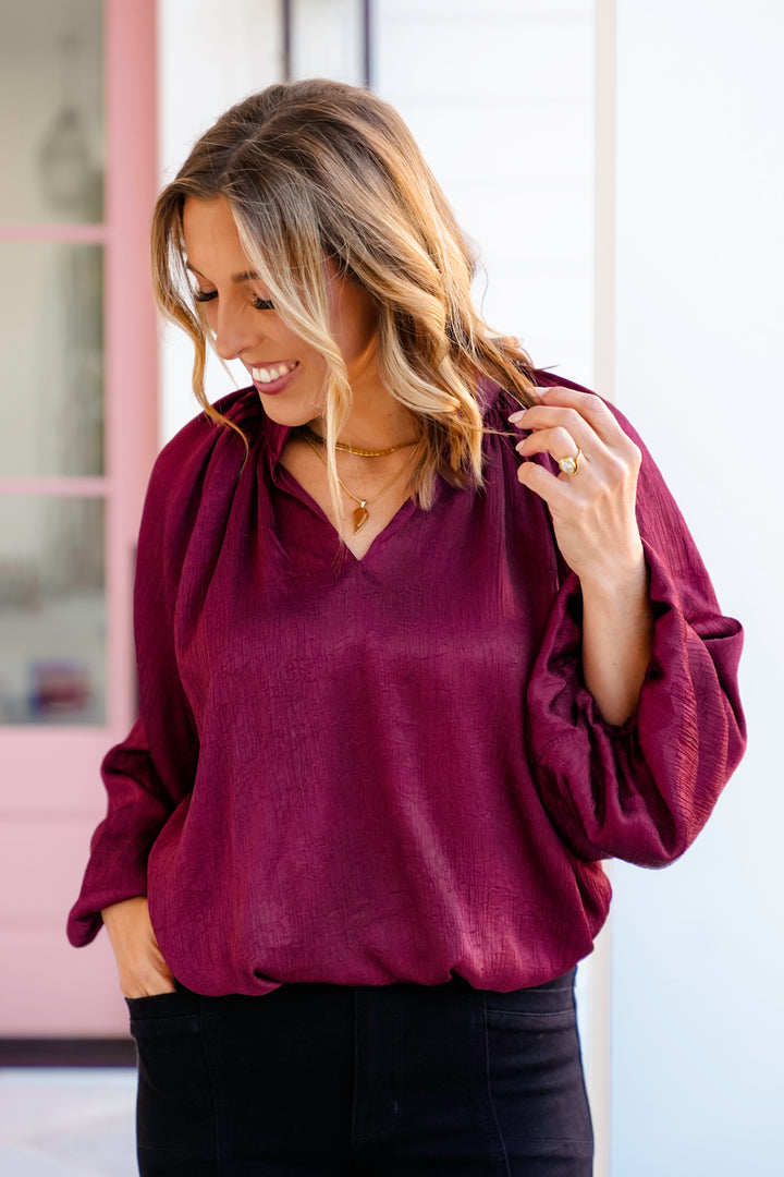 Burgundy Long Balloon Sleeve V Neck Top