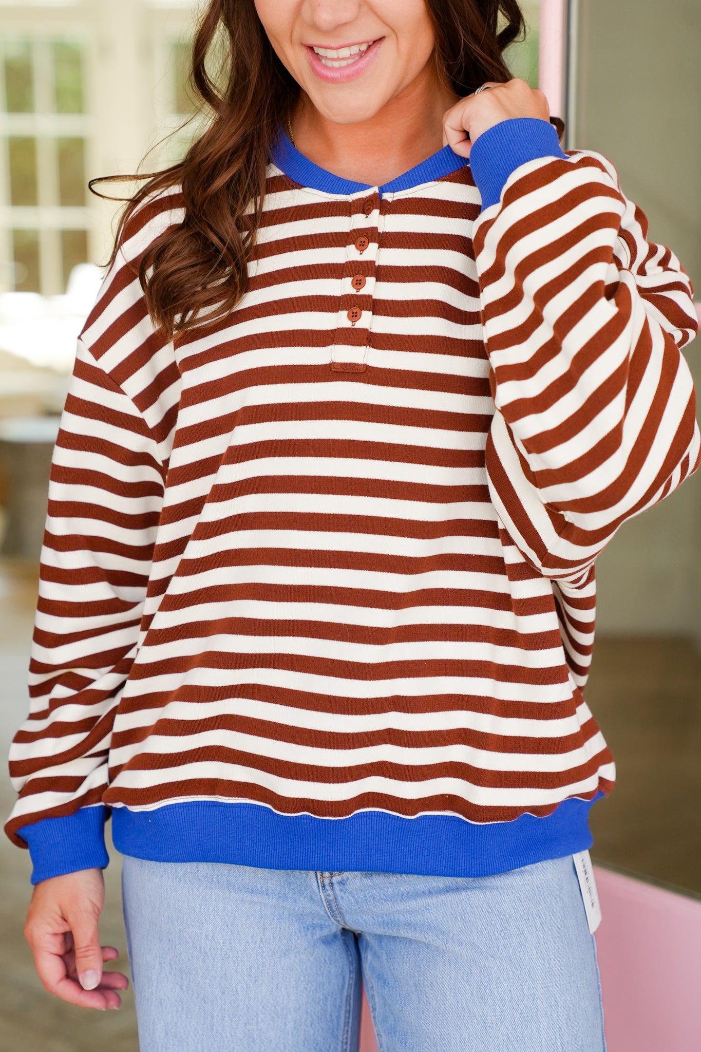 Stripe Long Sleeve Button-Up Top