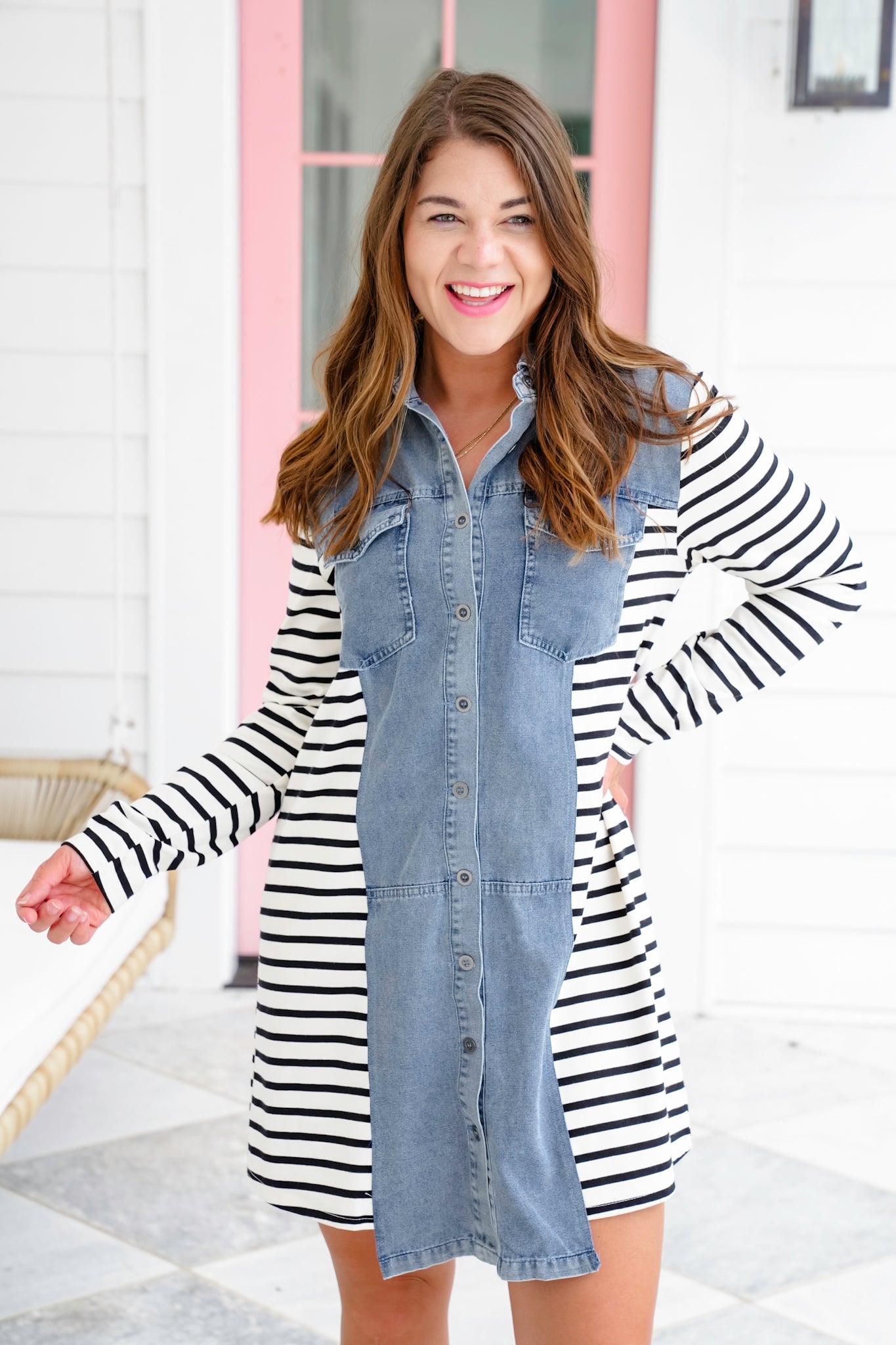 Stripe Long Sleeve Button Down Dress with Contrast Detail