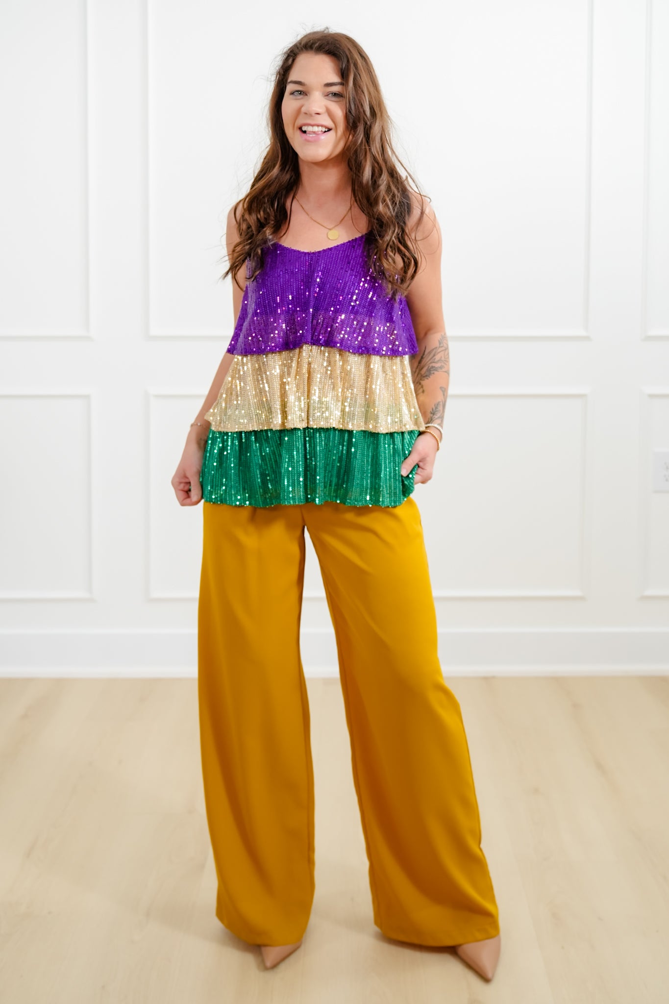 Mardi Gras Sleeveless Tiered Sequin Top