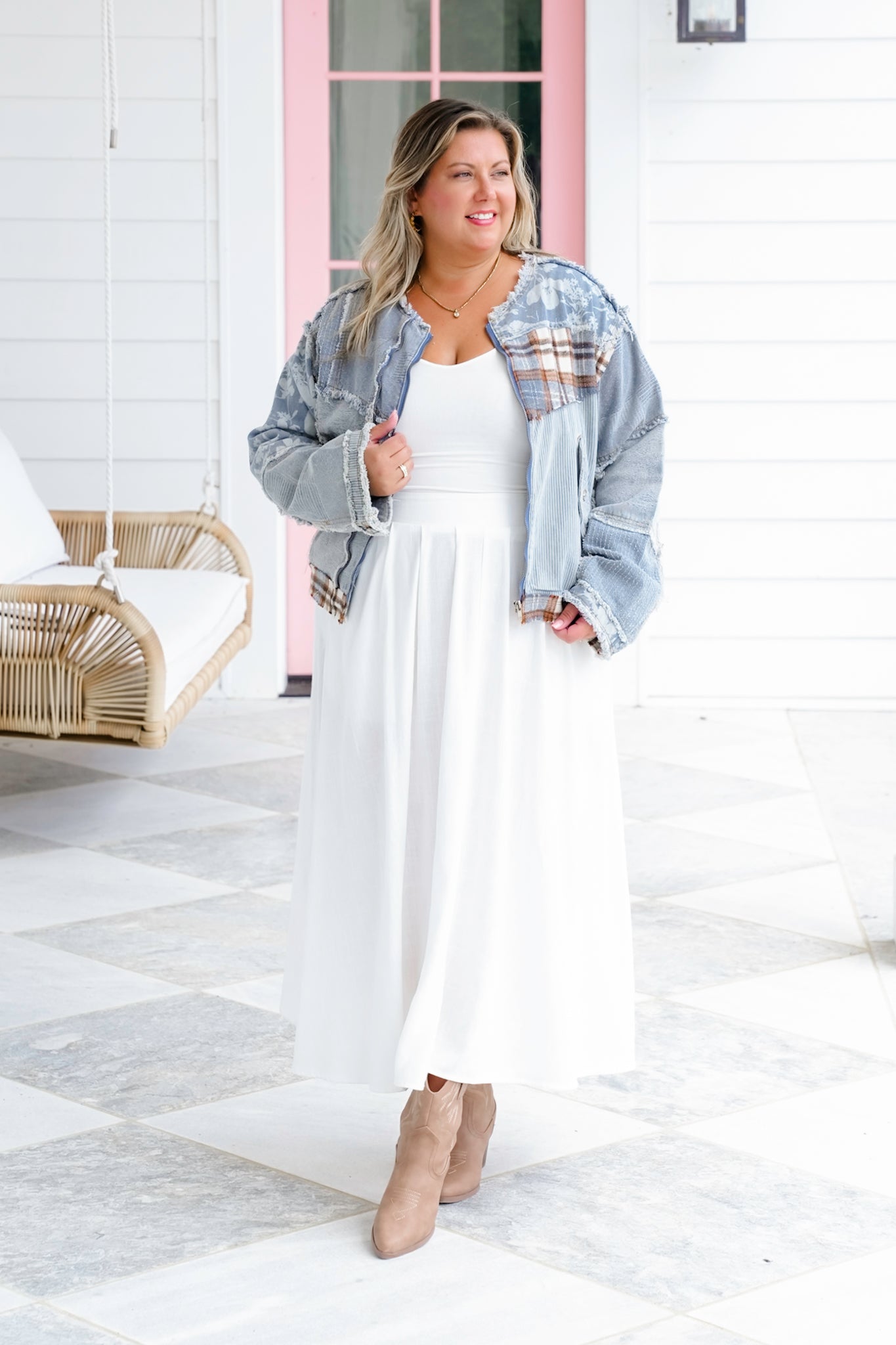 POL Long Sleeve Zip Up Jacket with Patchwork Detail