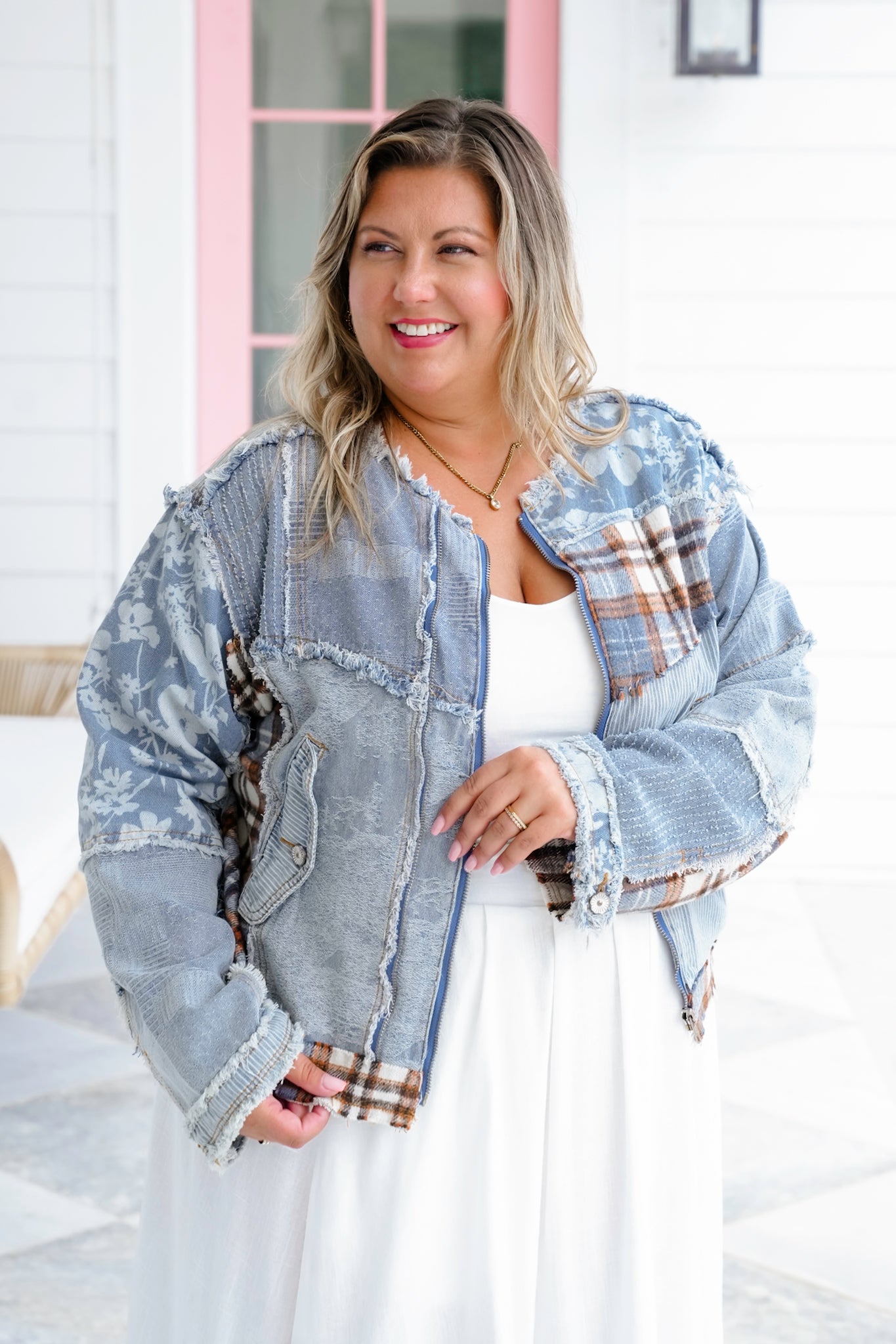POL Long Sleeve Zip Up Jacket with Patchwork Detail