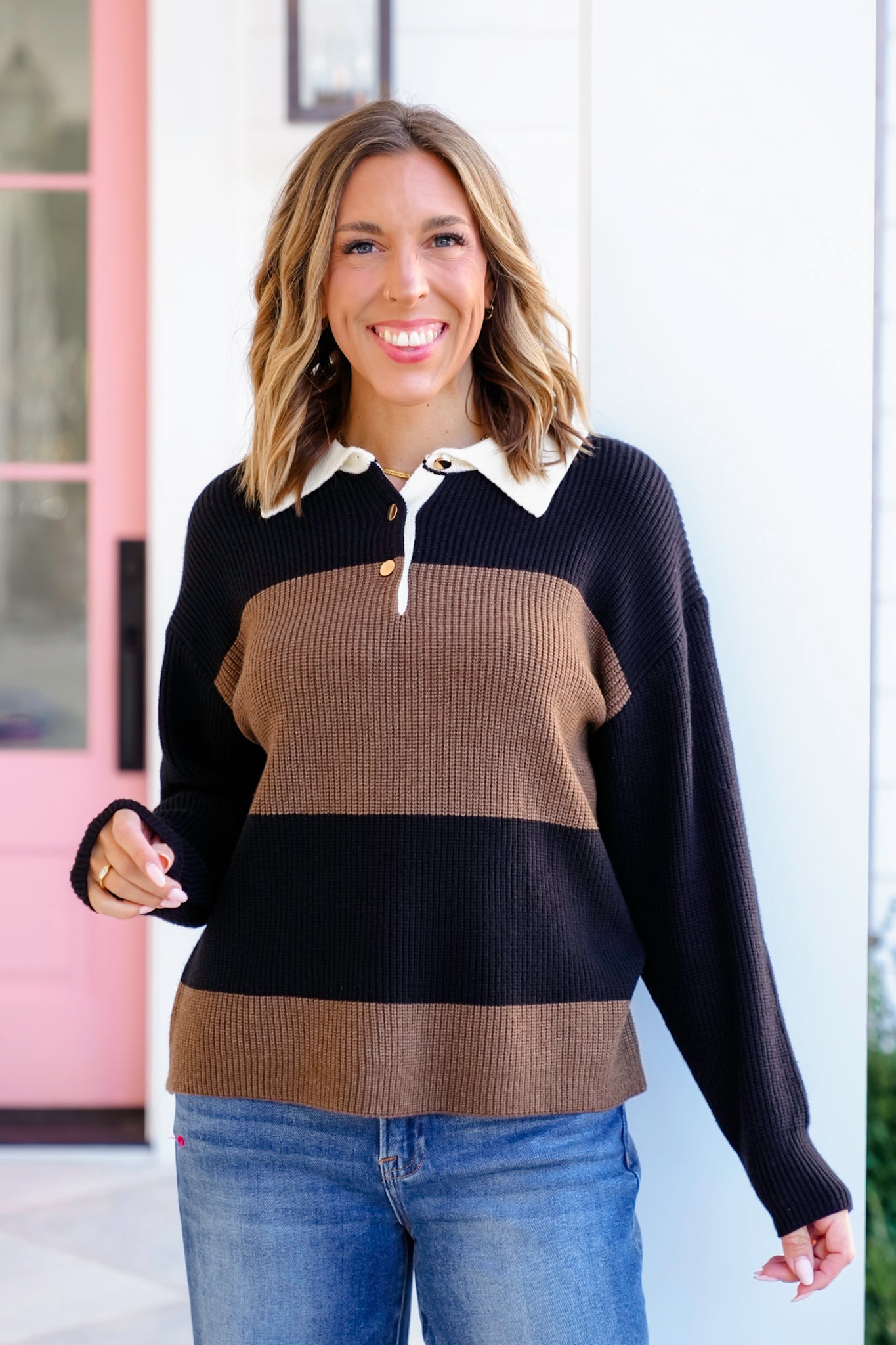 Plus/Reg Ribbed Color Block Long Sleeve Button Up Sweater