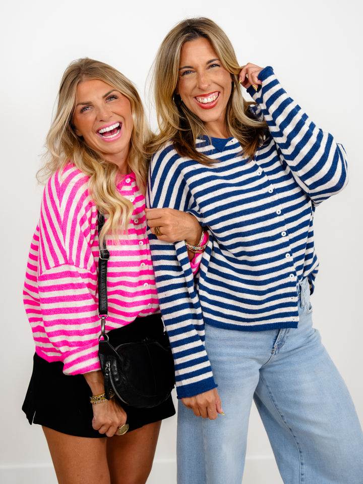 Door Buster! Zenana Striped Collared Button Down Sweater - Freckled Poppy