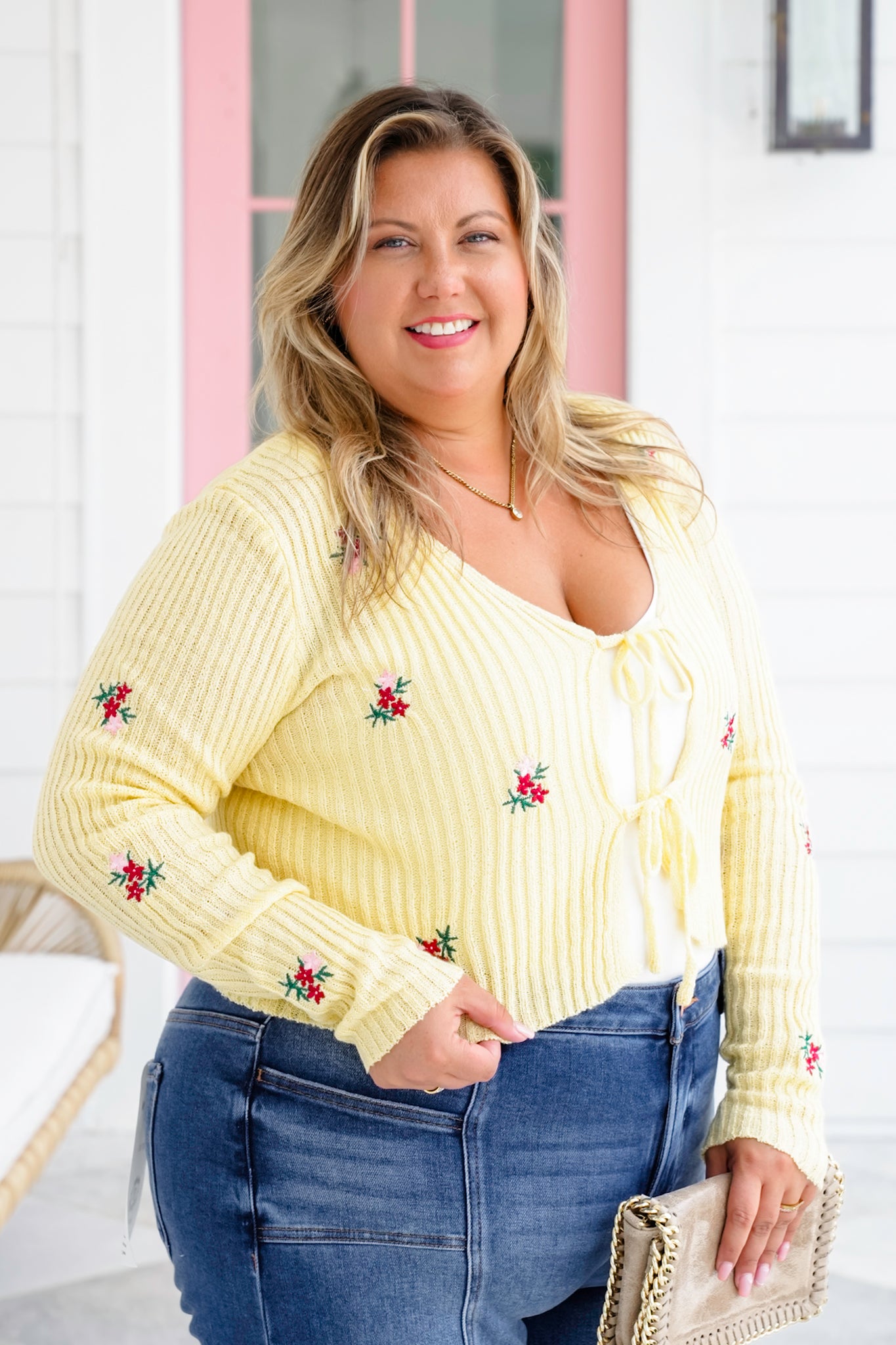 Ribbed Long Sleeve Front Tie Sweater with Floral Detail