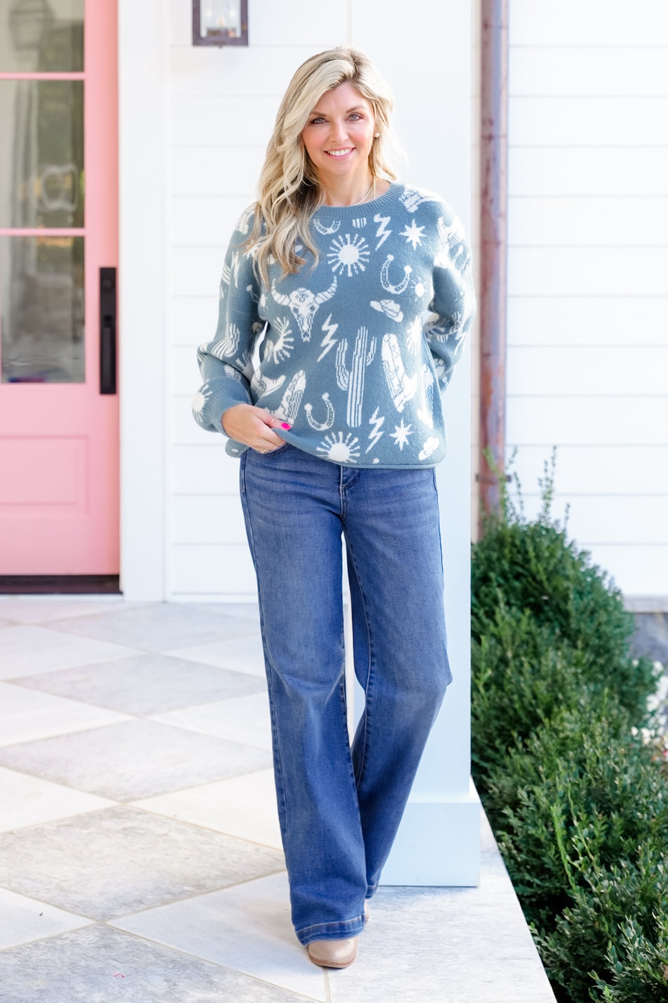 Knit Long Sleeve Western Print Sweater