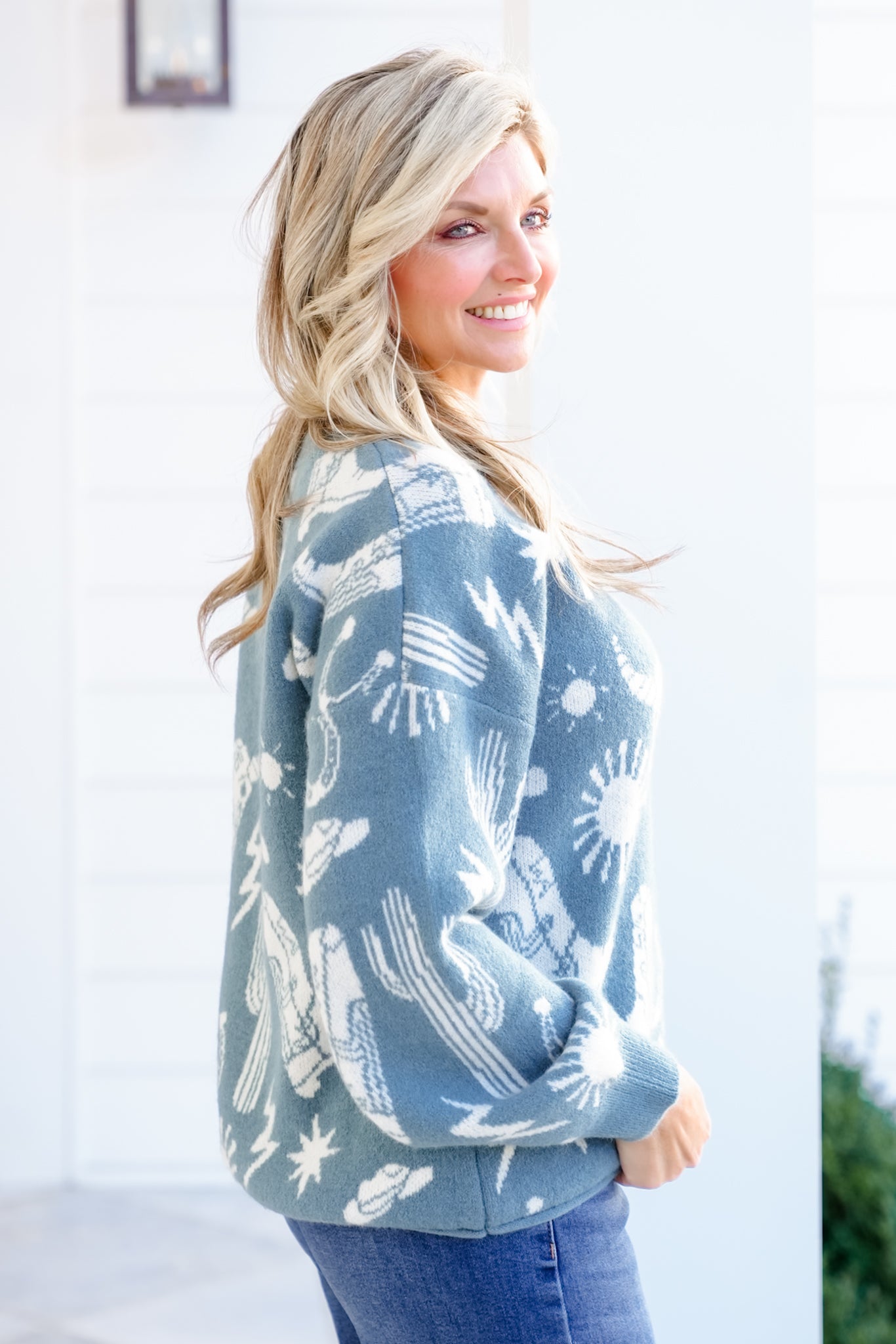 Knit Long Sleeve Western Print Sweater