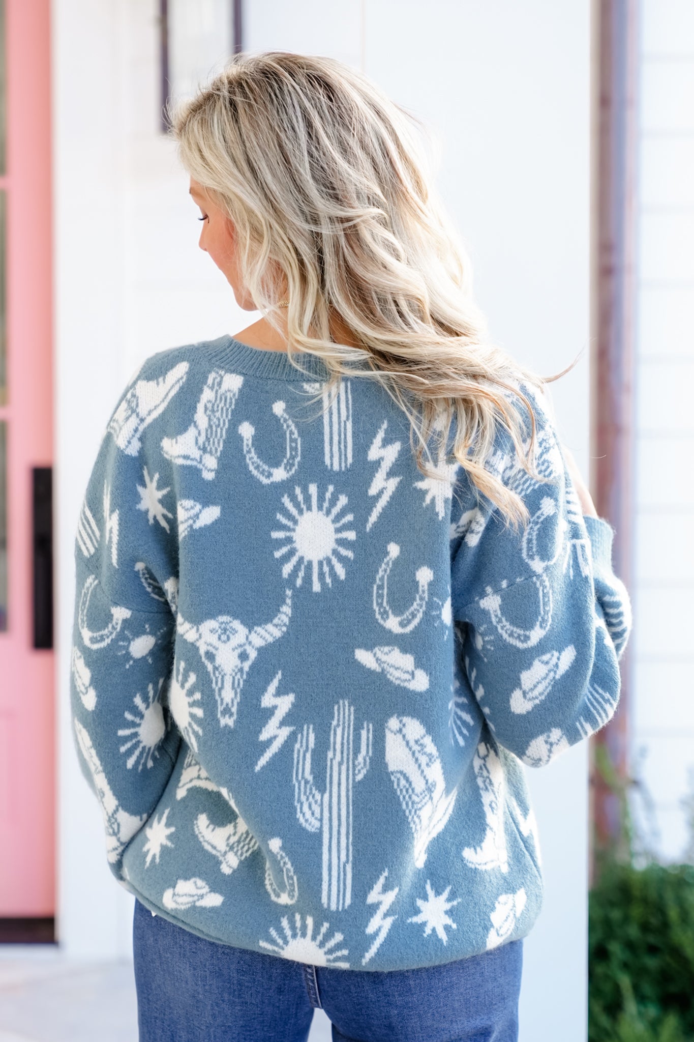 Knit Long Sleeve Western Print Sweater