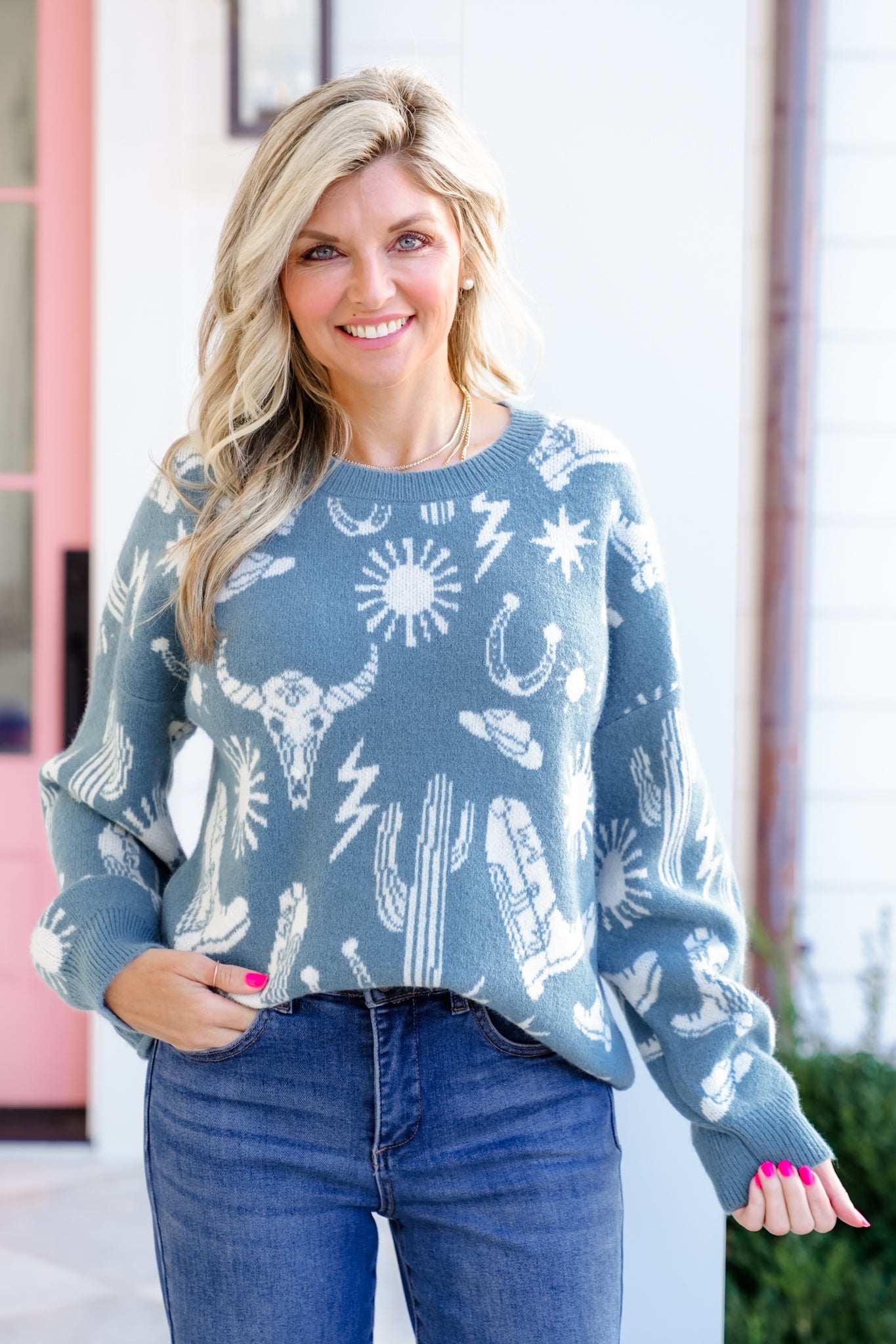 Knit Long Sleeve Western Print Sweater