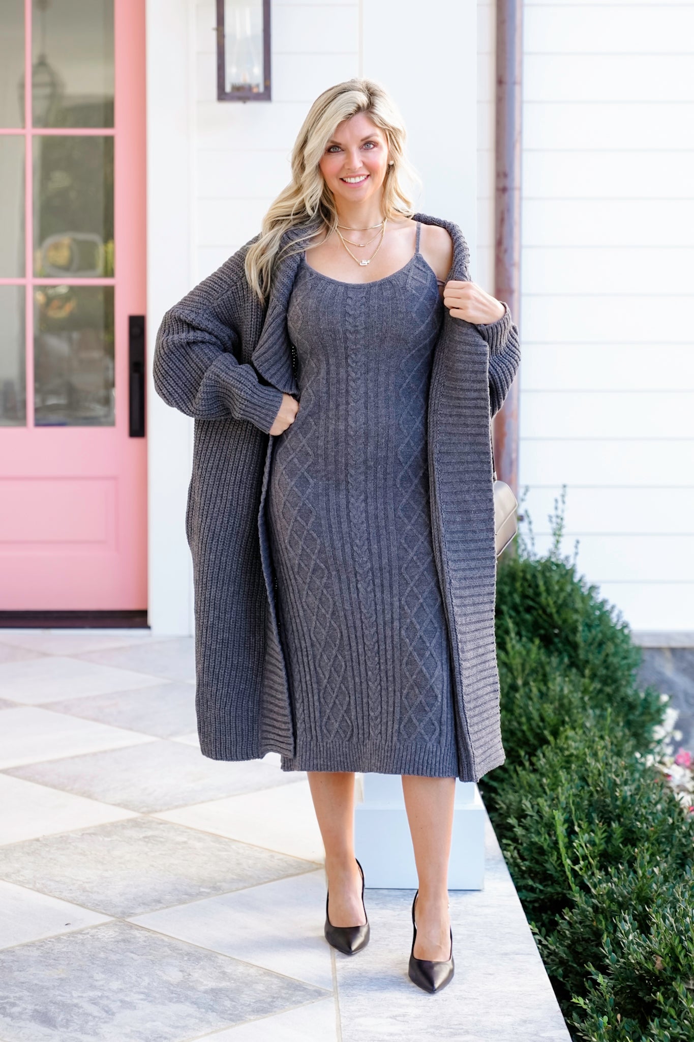 Plus/Reg Ribbed Knit Long Cardigan and Dress Set