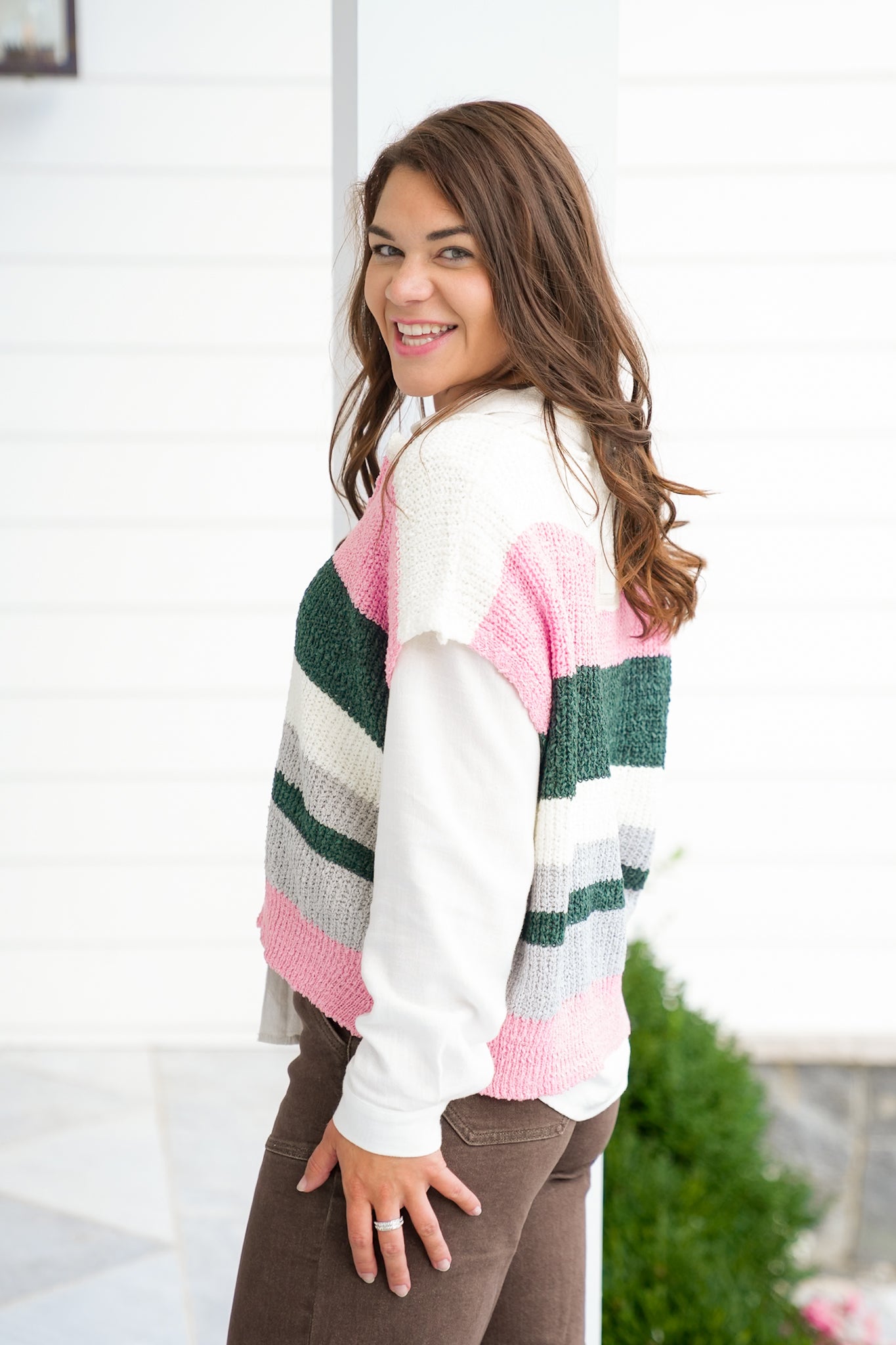 Stripe Cap Sleeve Split Neck Sweater