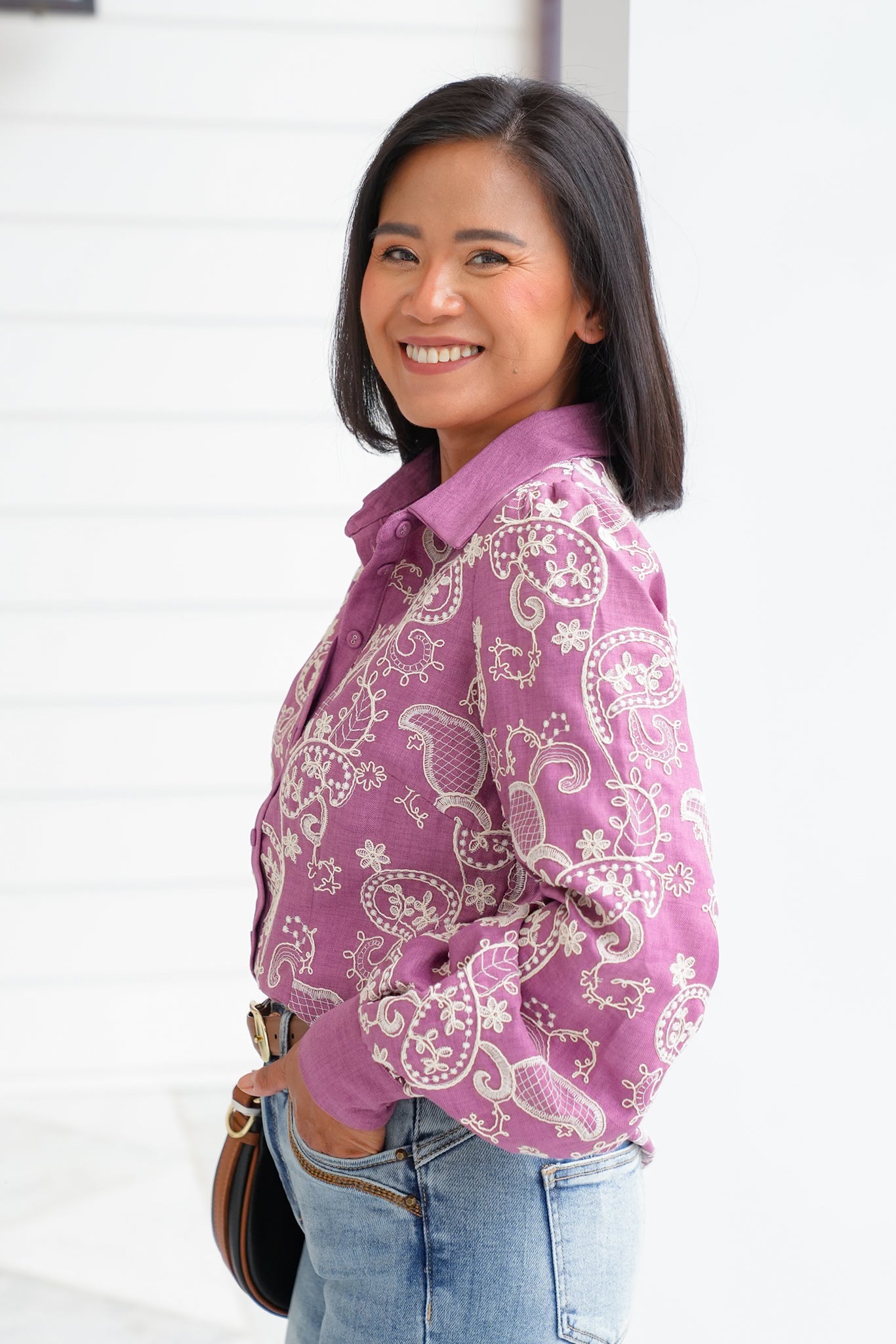Embroidered Paisley Long Sleeve Button Down Top