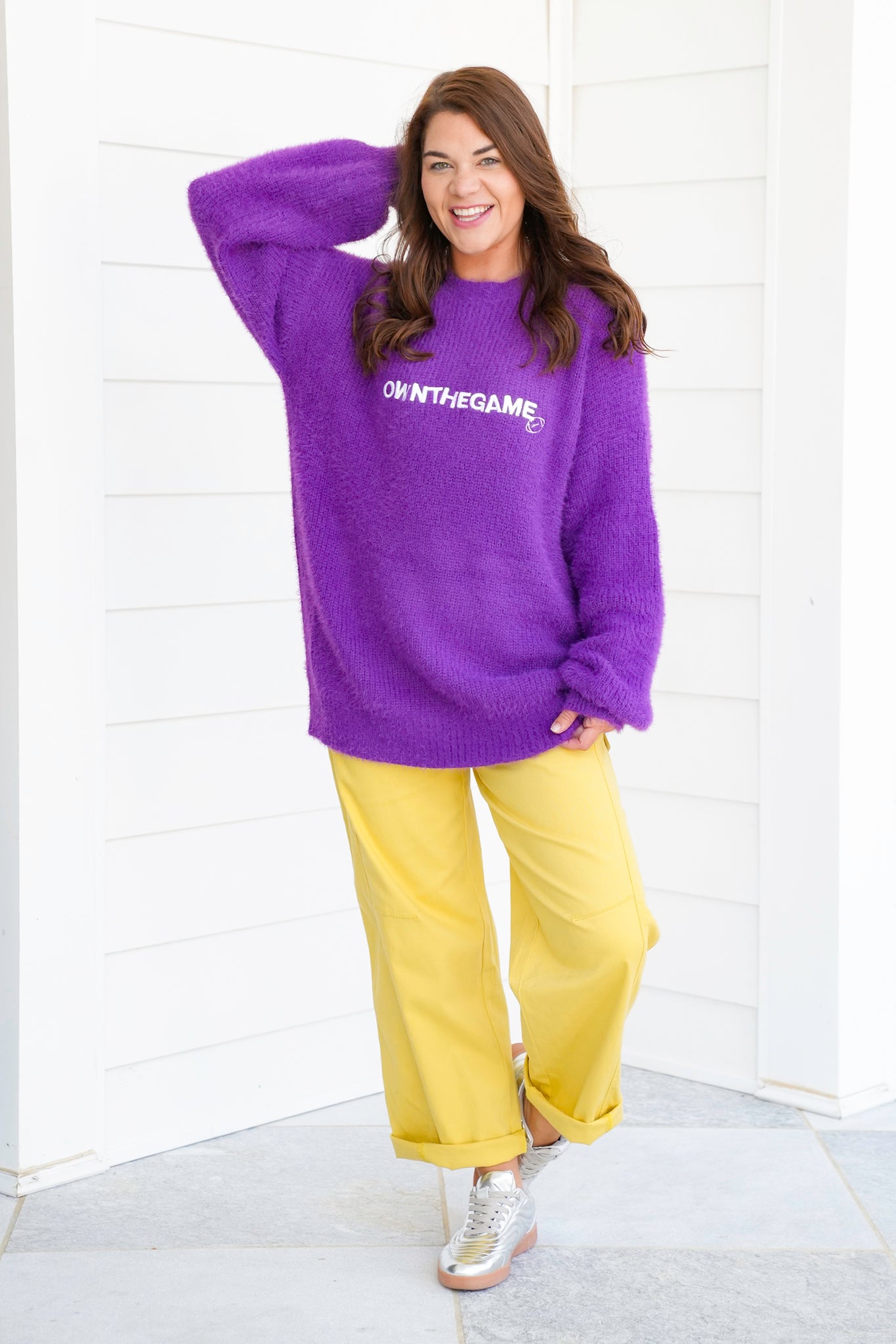 Fuzzy Long Sleeve "Own The Game" Pullover Sweater