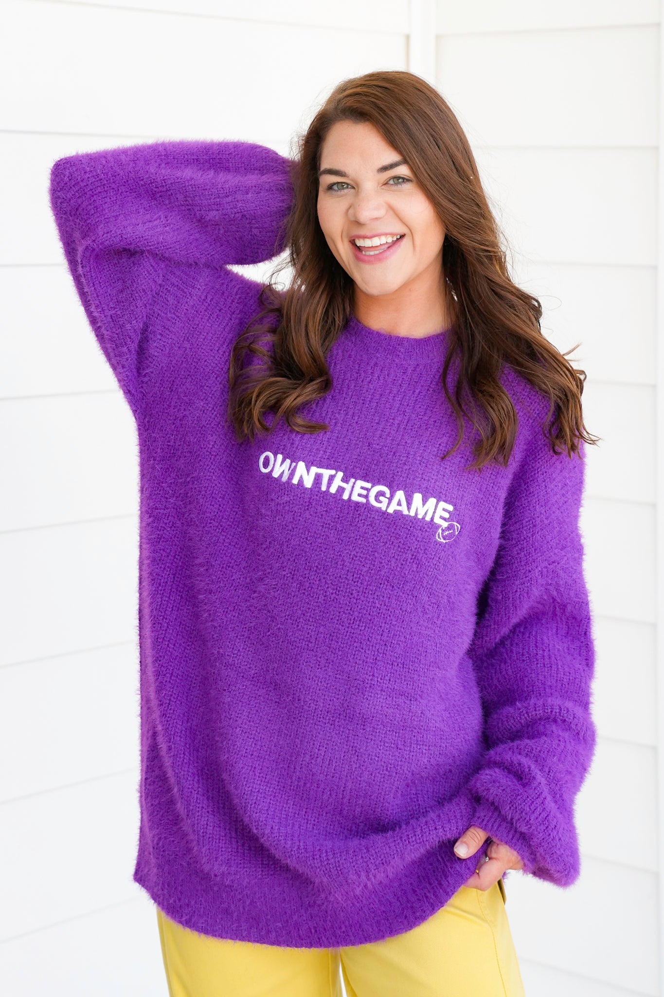 Fuzzy Long Sleeve "Own The Game" Pullover Sweater