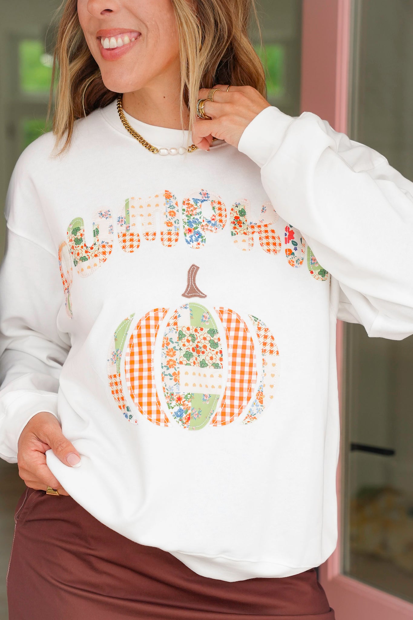 Pumpkin Patchwork Long Sleeve Pullover Top