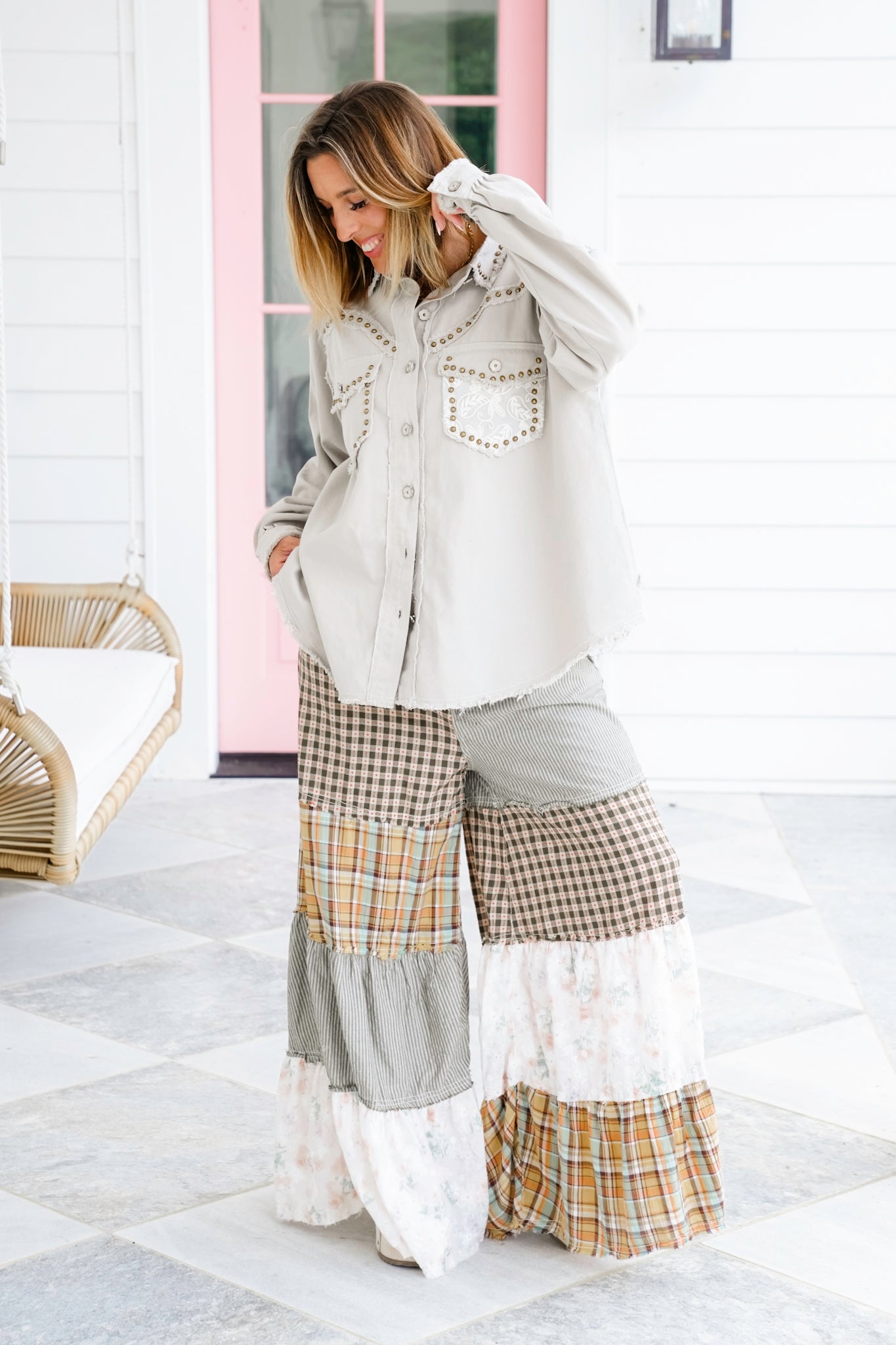 POL Long Sleeve Shacket With Lace And Stud Detail