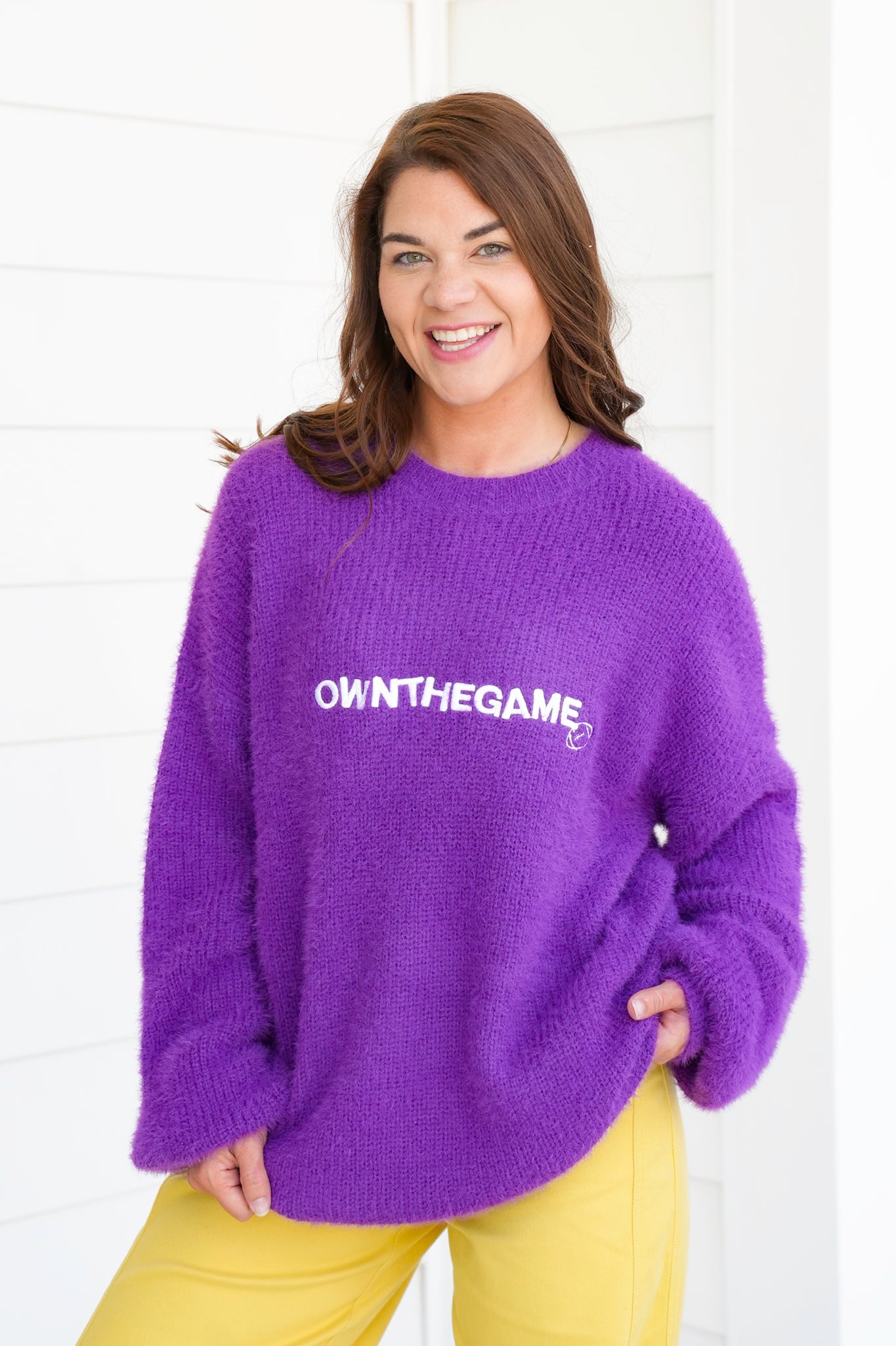 Fuzzy Long Sleeve "Own The Game" Pullover Sweater
