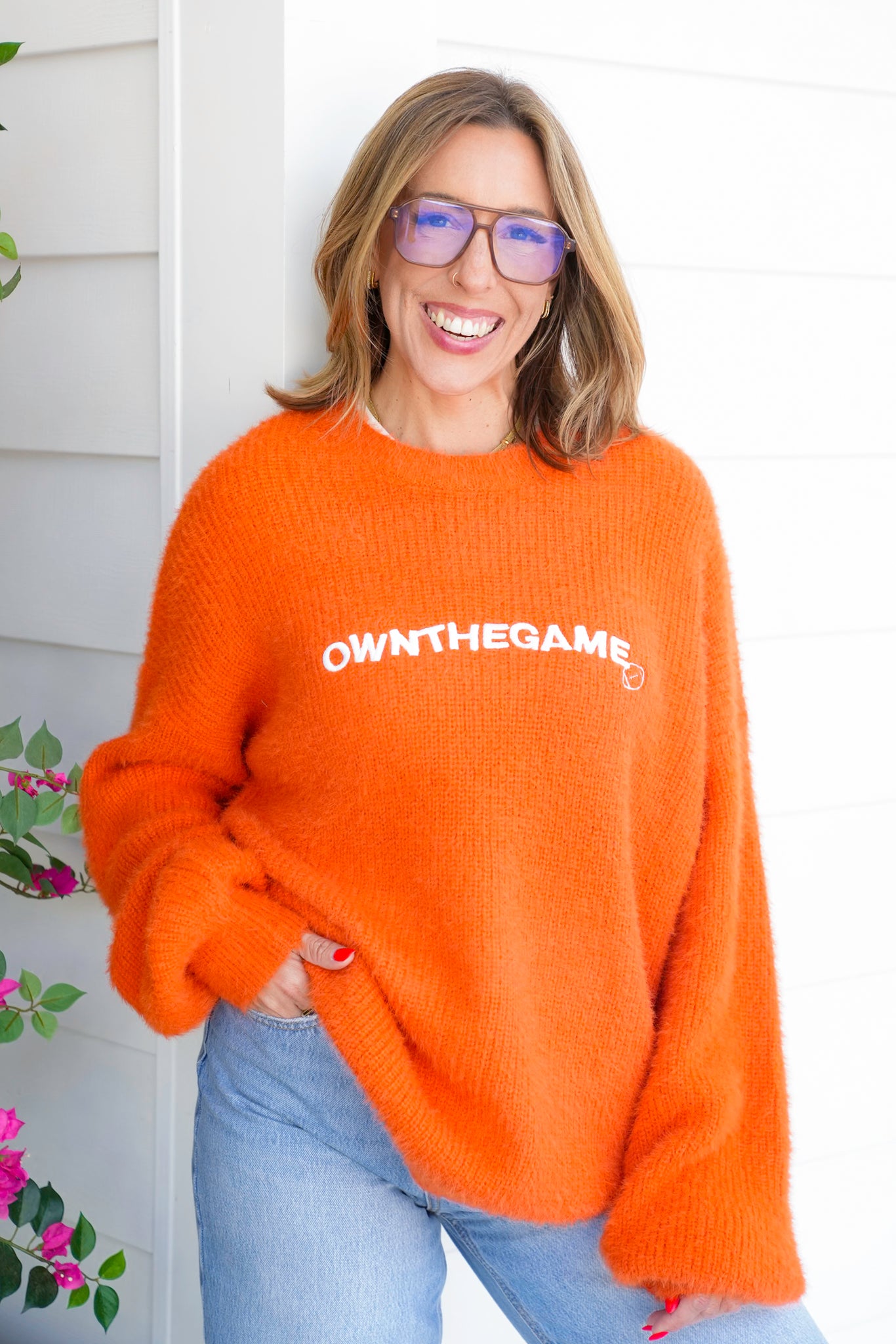 Fuzzy Long Sleeve "Own The Game" Pullover Sweater